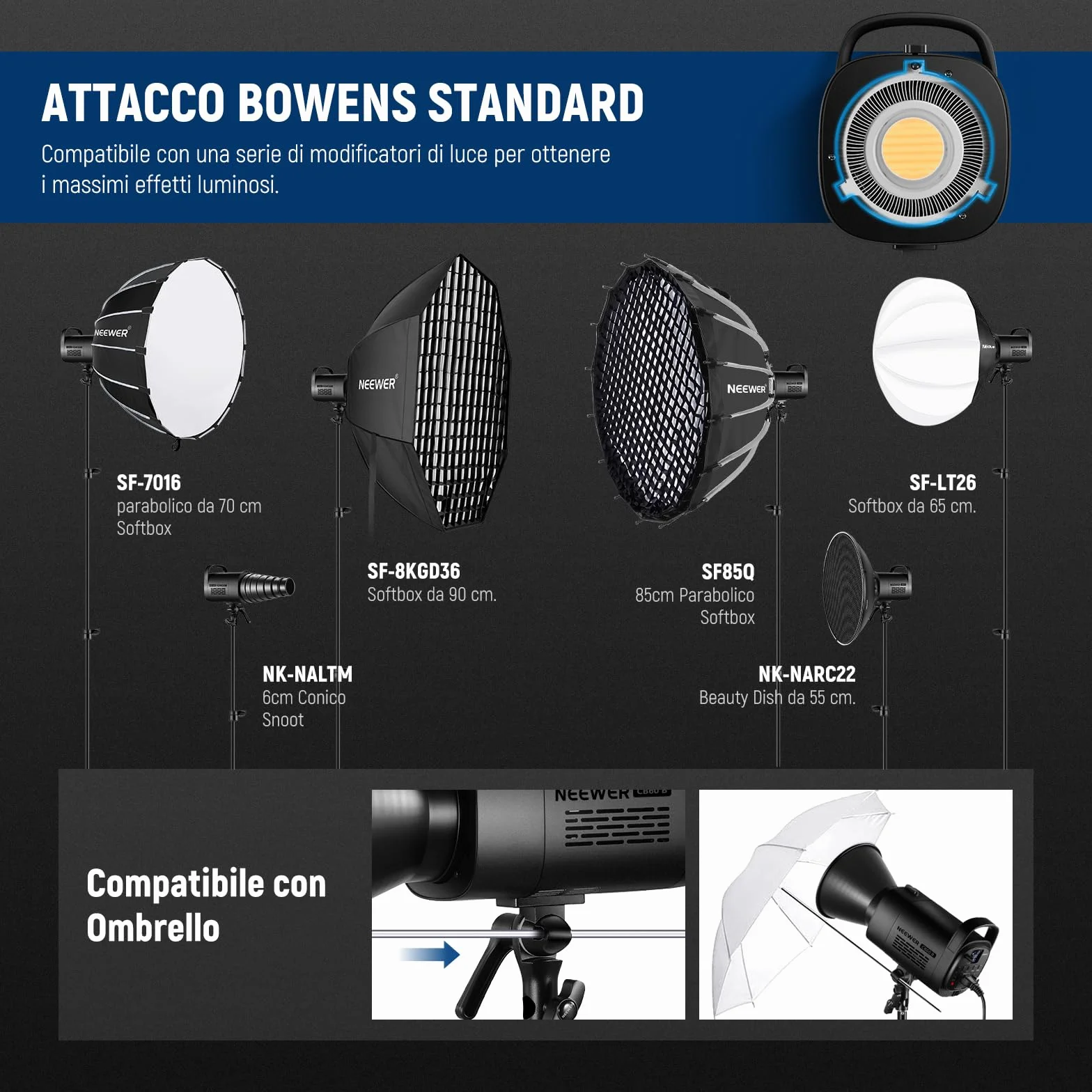 NEEWER CB60B 70W Luce Video LED con Controllo 2,4G/APP COB Bicolore Illuminazione Video Continua Attacco Bowens 2700K-6500K 34000Lux@1m/Modalità CCT/CRI97+/12 Scene per Studio Registrazione Fotografia