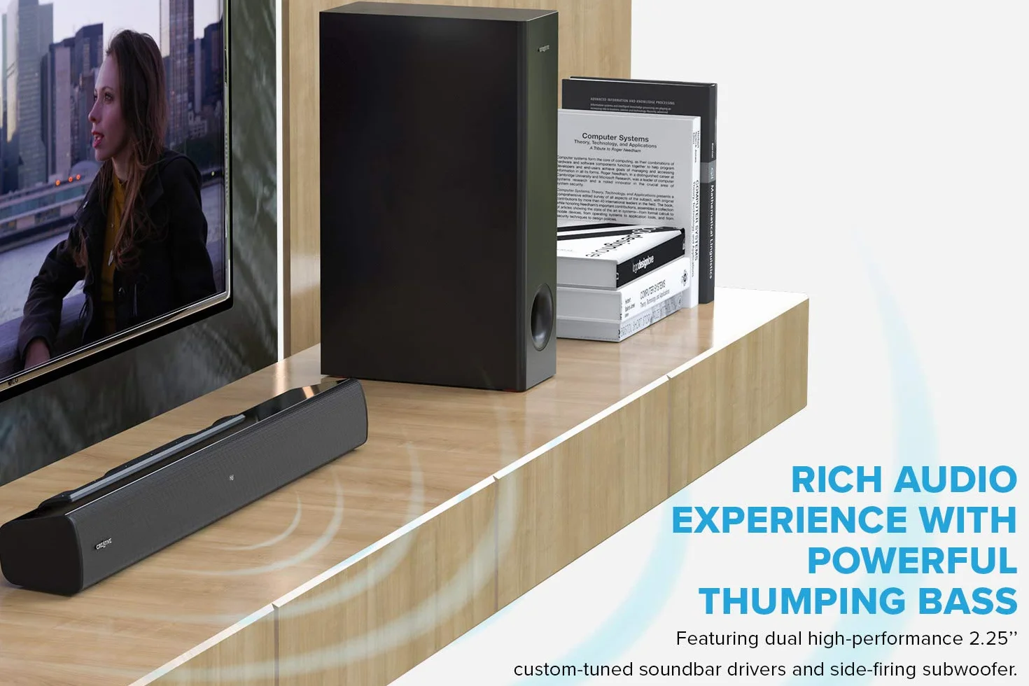 Soundbar Creative Stage V2 2.1 160W con subwoofer, Clear Dialog e Surround di Sound Blaster, Bluetooth 5.0, TV ARC, ingresso ottico e audio USB, con montaggio a parete, bassi e alti regolabili, per TV