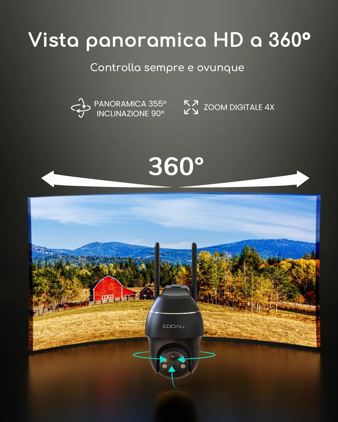 COOAU 4G Telecamera Esterno con SIM e pannello solare,2K Telecamere Batterie Senza Fili,360°PTZ Videocamera Sorveglianza,Visione Notturna a Colori,Audio Bidirezionale,IP66