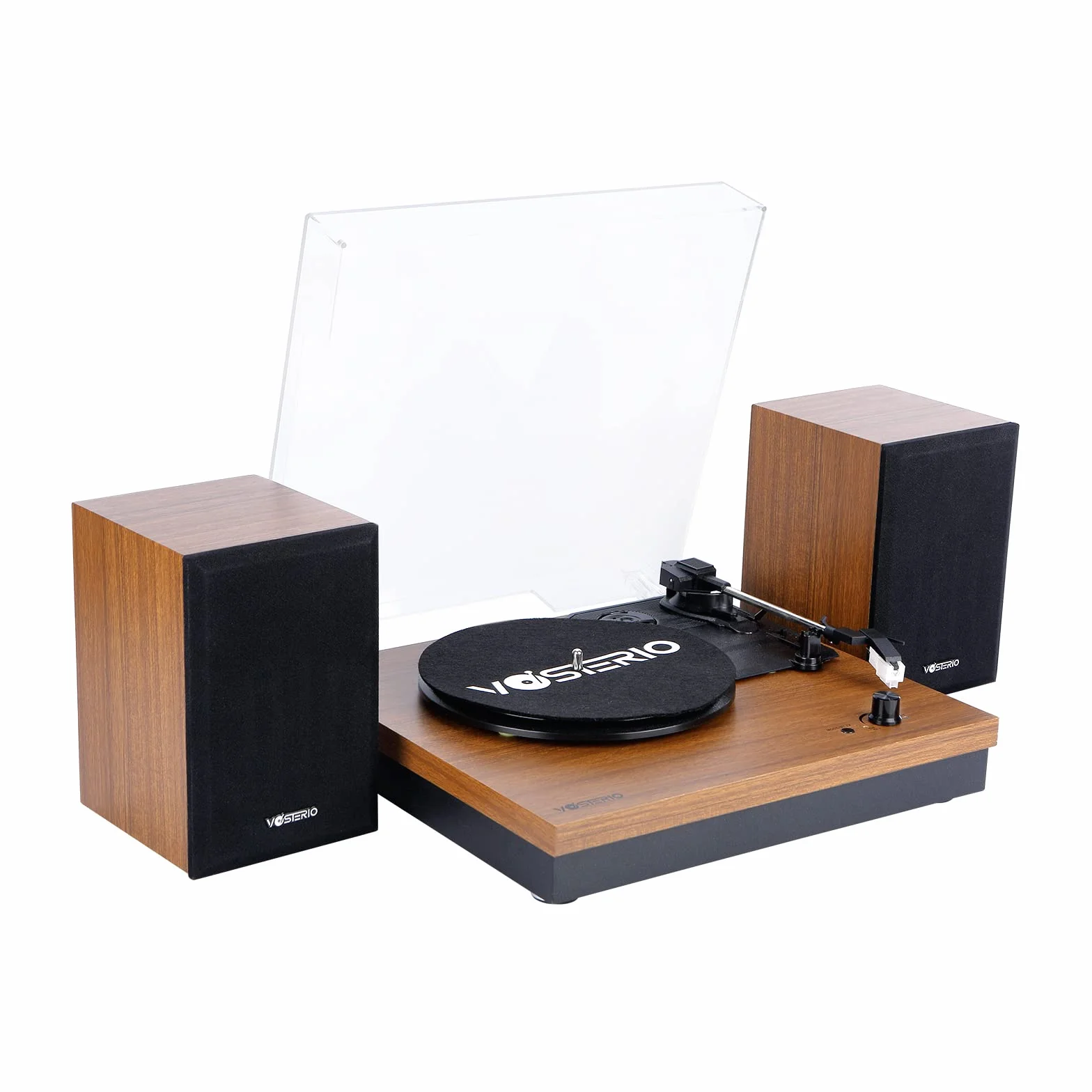 Vosterio Giradischi, Giradischi Vinile a Cinghia a 3 Velocità con Ingresso e Uscita Bluetooth, Lettore Vinile Contrappeso Regolabile e Cartuccia Magnetica, Altoparlante Esterno 2 x15 w rms, Noce