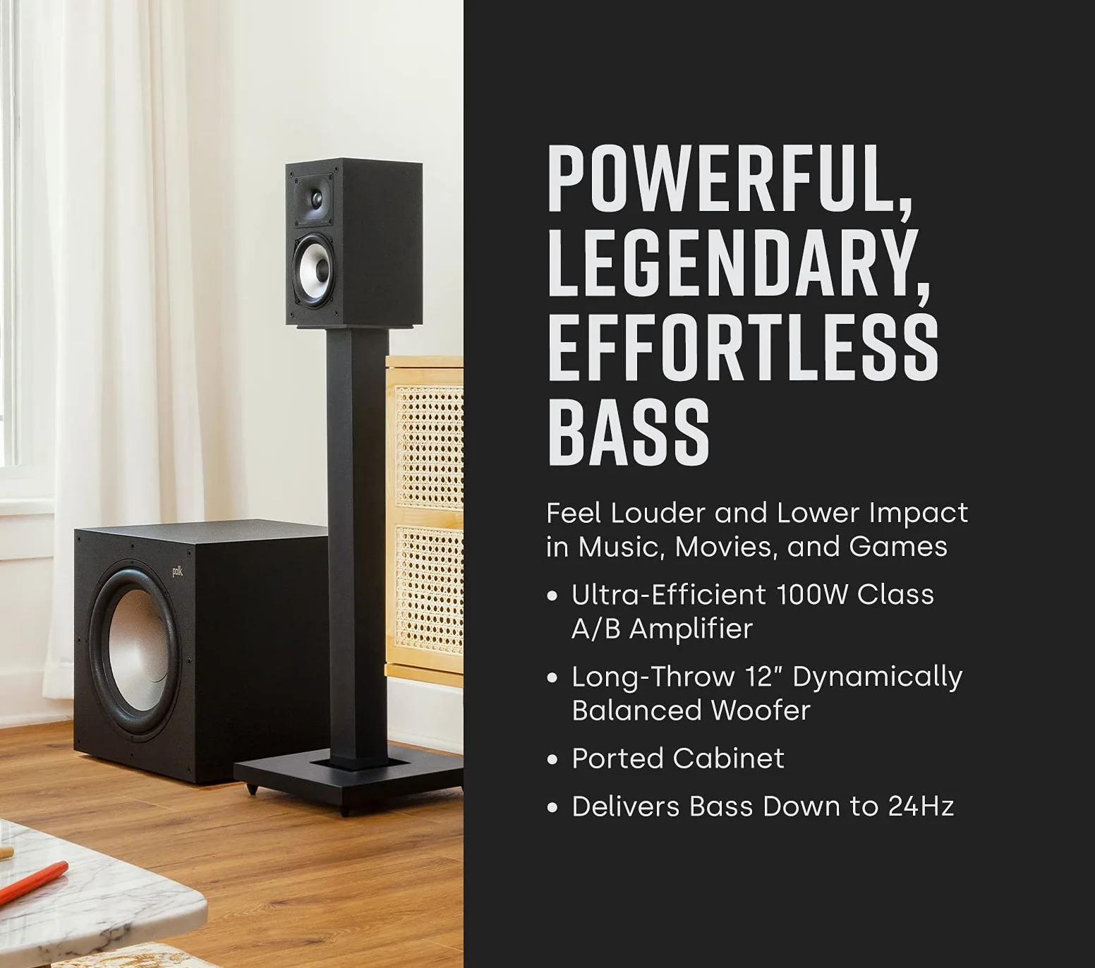 Polk Audio Monitor XT12 Subwoofer Attivo 12”, 100W Class A/B, Bassi Profondi fino a 24Hz, Compatibile Dolby Atmos e DTS:X, Controlli Crossover, Phase e Volume