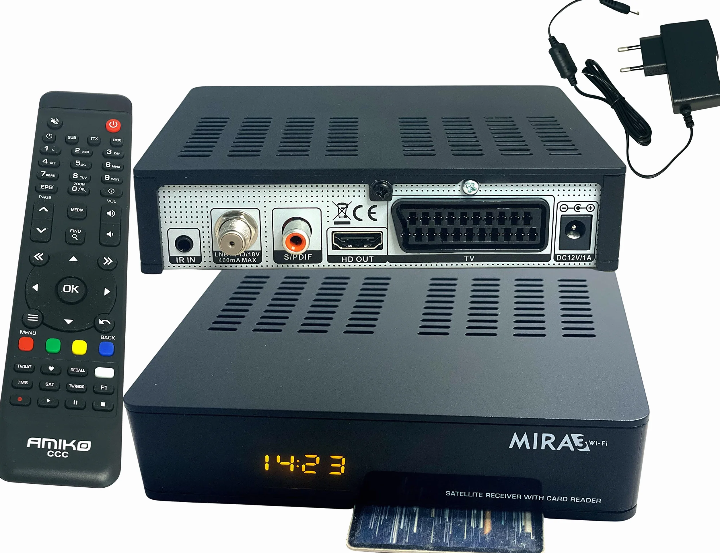 Amiko MIRA3 - Ricevitore satellitare HD con funzione di registrazione, slot per schede, Timeshift, HDMI, PVR, USB, WiFi, AAC-LC, SCART, coassiale, ricevitore satellitare HD per satelliti