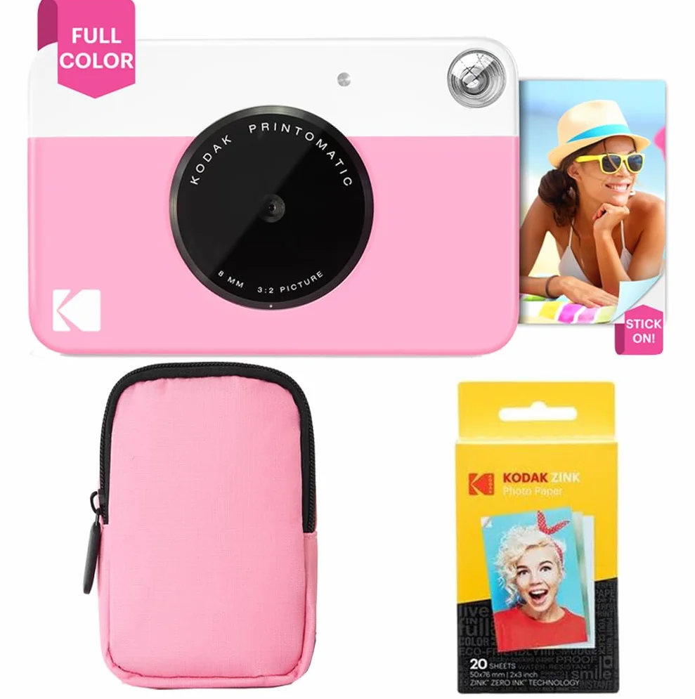 KODAK Printomatic Pacchetto iniziale per macchina fotografica a stampa istantanea a colori + Custodia morbida + Carta fotografica Zink 20pk - Foto colorate su carta adesiva 2x3" - Rosa