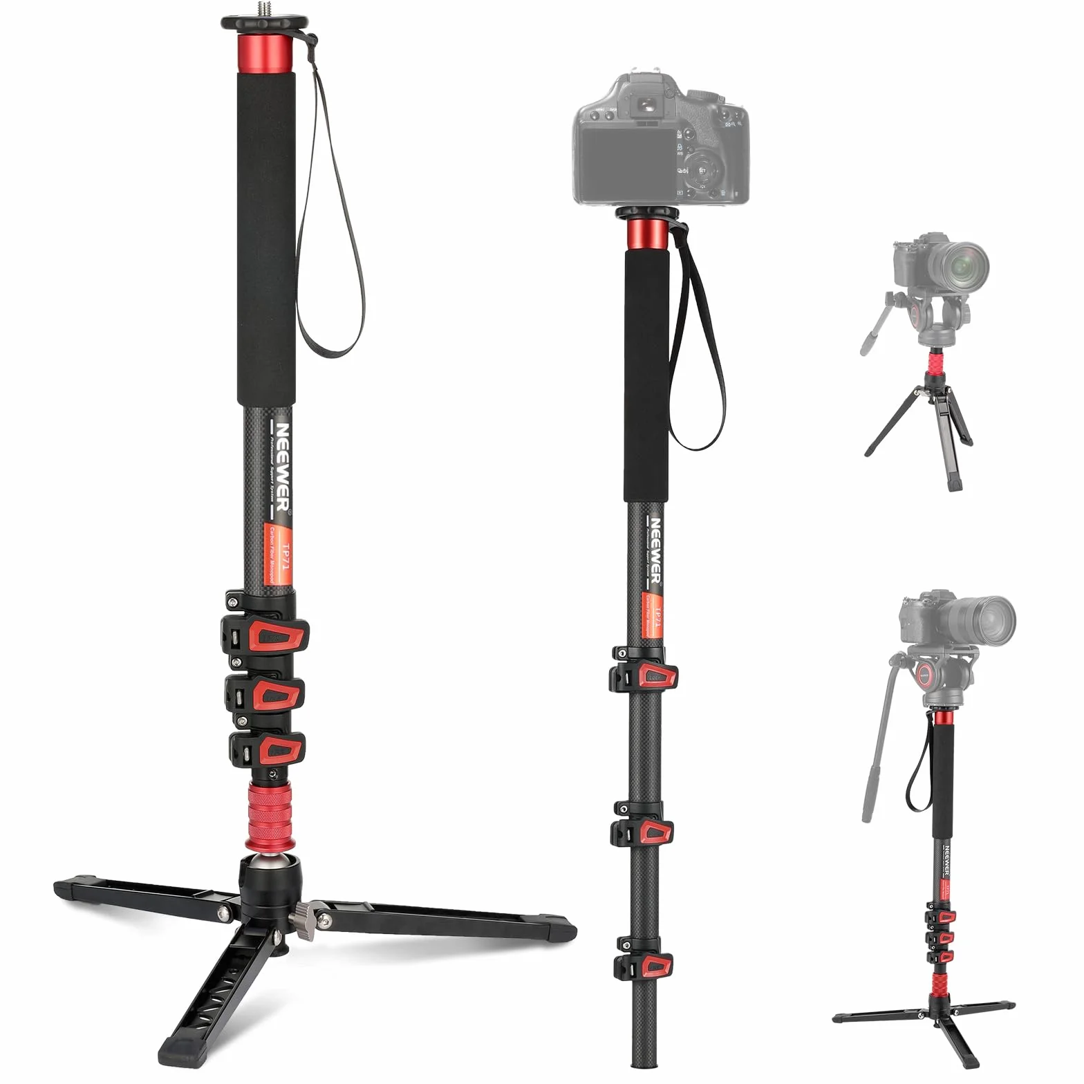 NEEWER 172cm Monopiede Fotocamera, Treppiede da Viaggio Leggero in Fibra Carbonio con Base Staccabile per DSLR Videocamera Riprese Video, Bastone Telescopico per Selfie Trekking, Max 6kg, TP71