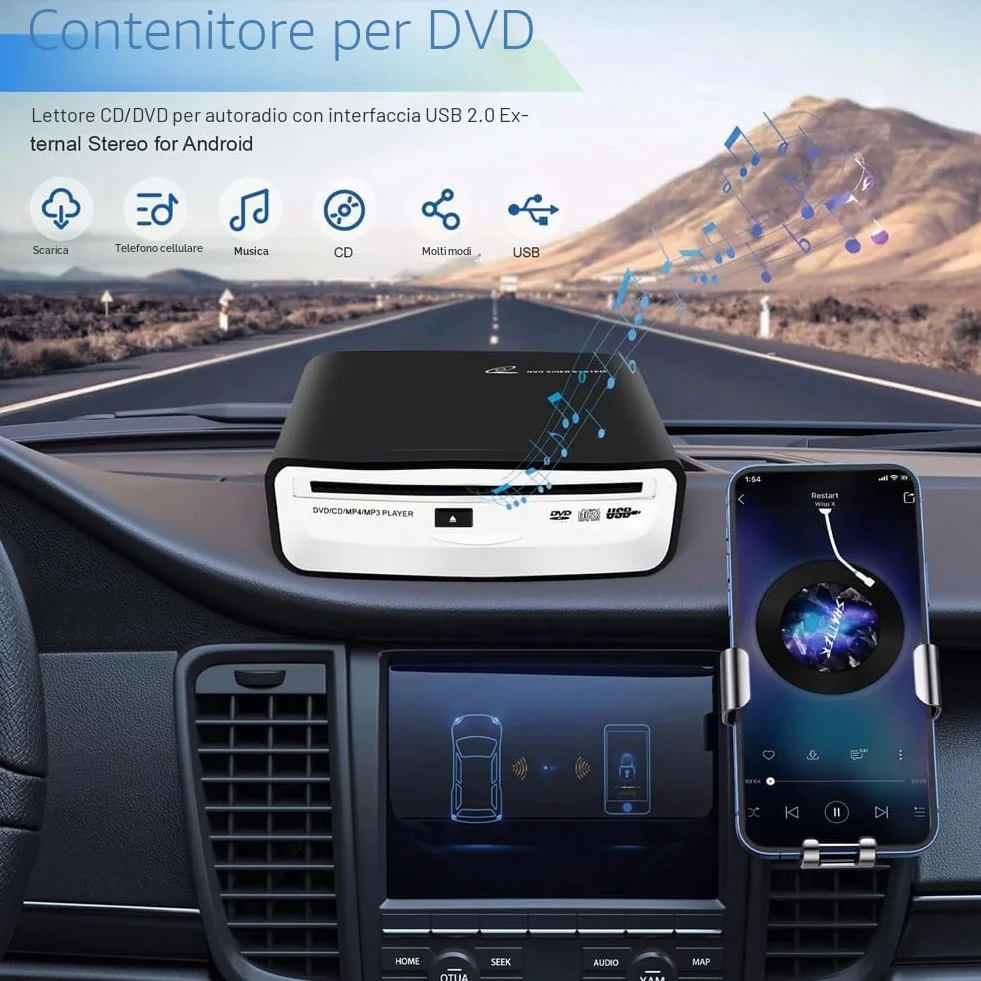 Lettore CD Esterno Universale Portatile per Auto, Può Essere Collegato Alla Presa USB in Auto, Laptop o Televisore, per Navigazione con Android 4.0 e
