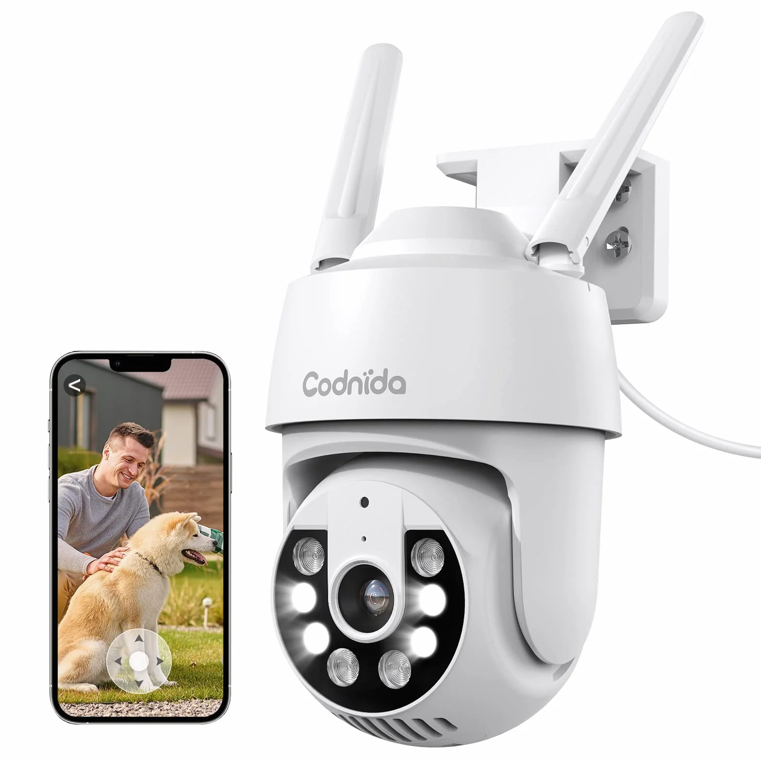 2K Telecamera Wi-Fi Esterno con vista a 360°, Codnida 3MP Videocamera Sorveglianza con fili PTZ Telecamera con Visione Notturna, Tracciamento Automatico del Movimento,Allarme Sonoro e Luminoso