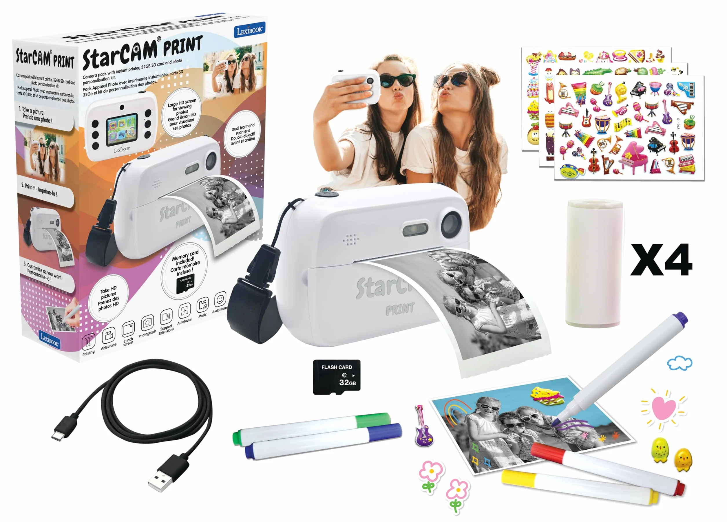 Lexibook StarCAM Print, Confezione di fotocamera con stampante istantanea, funzione foto e video, scheda SD da 32 GB e kit di personalizzazione foto inclusi, DJ150LXB