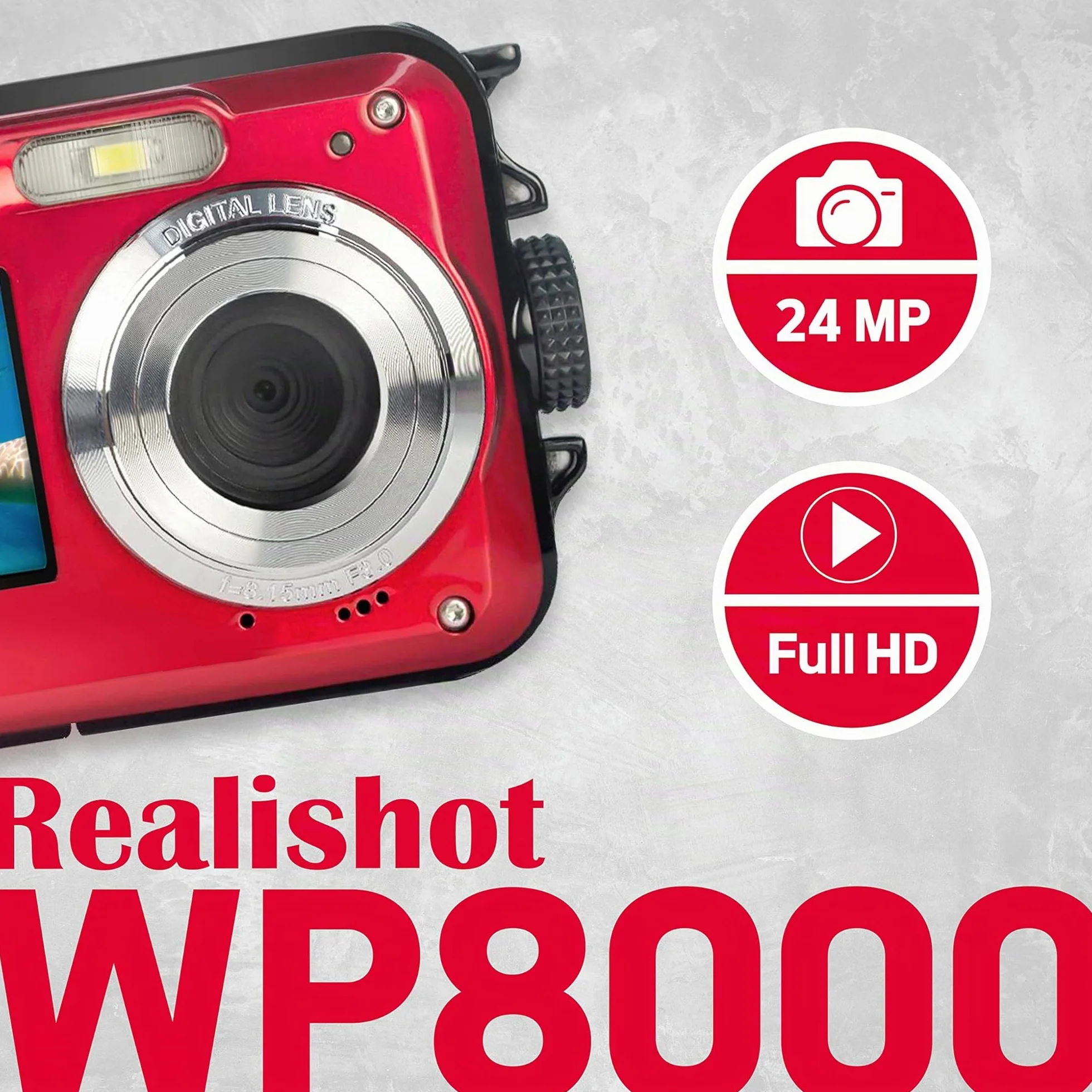 AGFA PHOTO Realishot WP8000 - Fotocamera Digitale Impermeabile, 24 MP, Video Full HD, Doppio Schermo LCD, Zoom Digitale 16x, Stabilizzatore Digitale, Batteria al Litio - Rosso