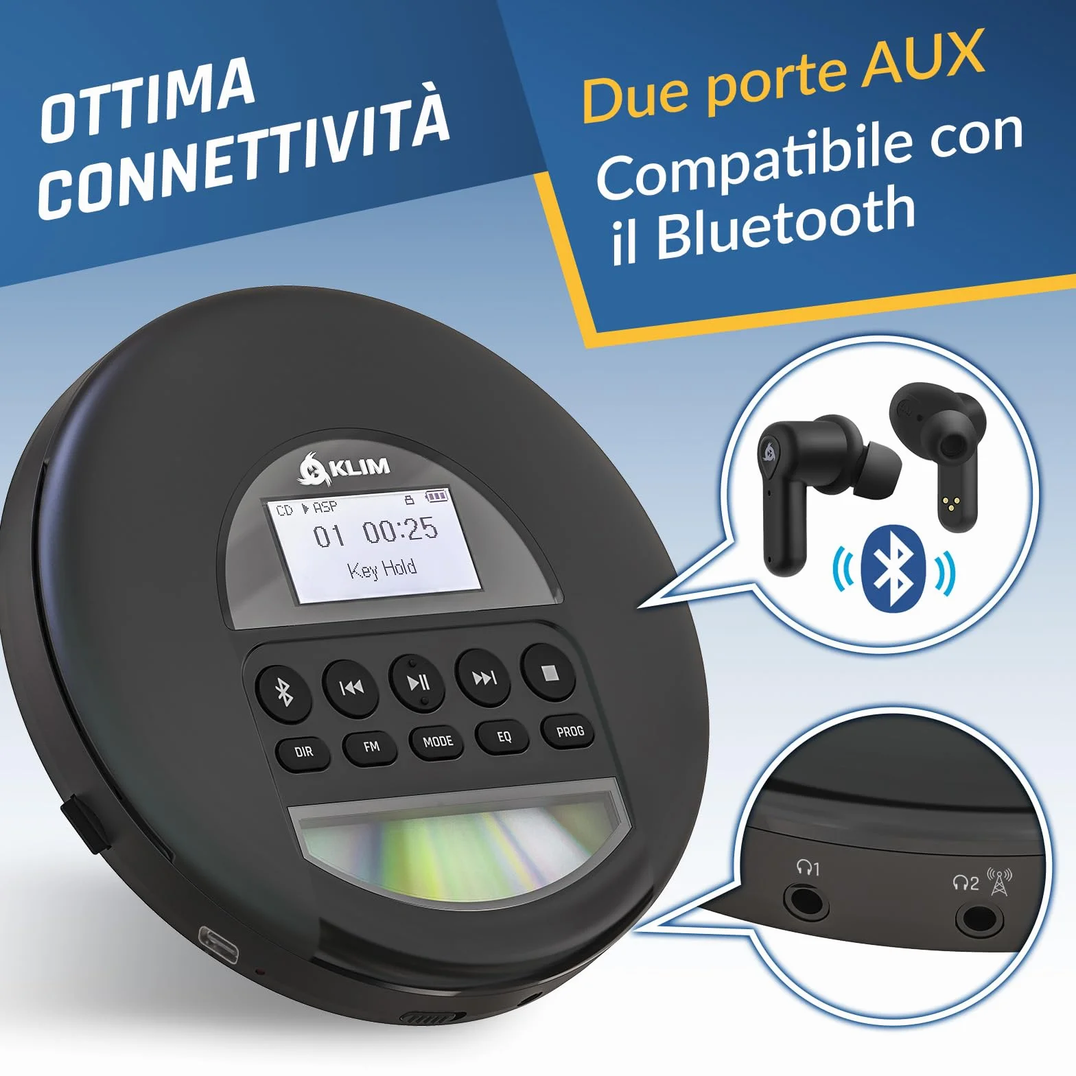 KLIM Nomad - Lettore cd portatile - Batteria a Lunga Durata - Include Auricolari - Compatibile con CD-R, CD-RW, MP3 - Lettore SD, Radio FM, Bluetooth - Ideale per Auto - Hi-Fi - Nuovo