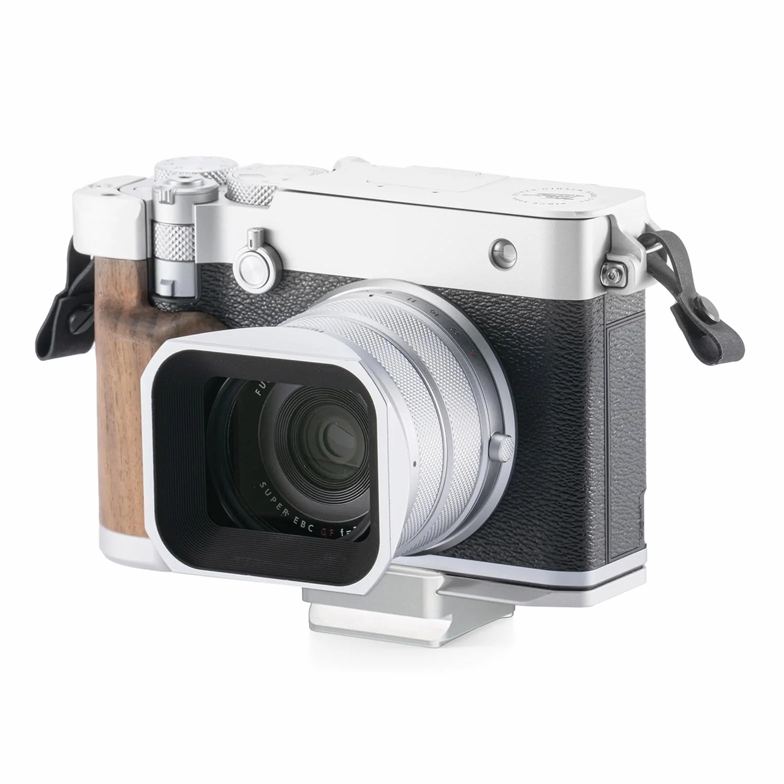 Tilta GFX100RF Cage, gabbia per fotocamera vintage compatibile con il kit da viaggio GFX100RF con piastra Hot Shoe, Adattatore ARCA e base di montaggio con impugnatura in legno - Argento TA-T81-B-S