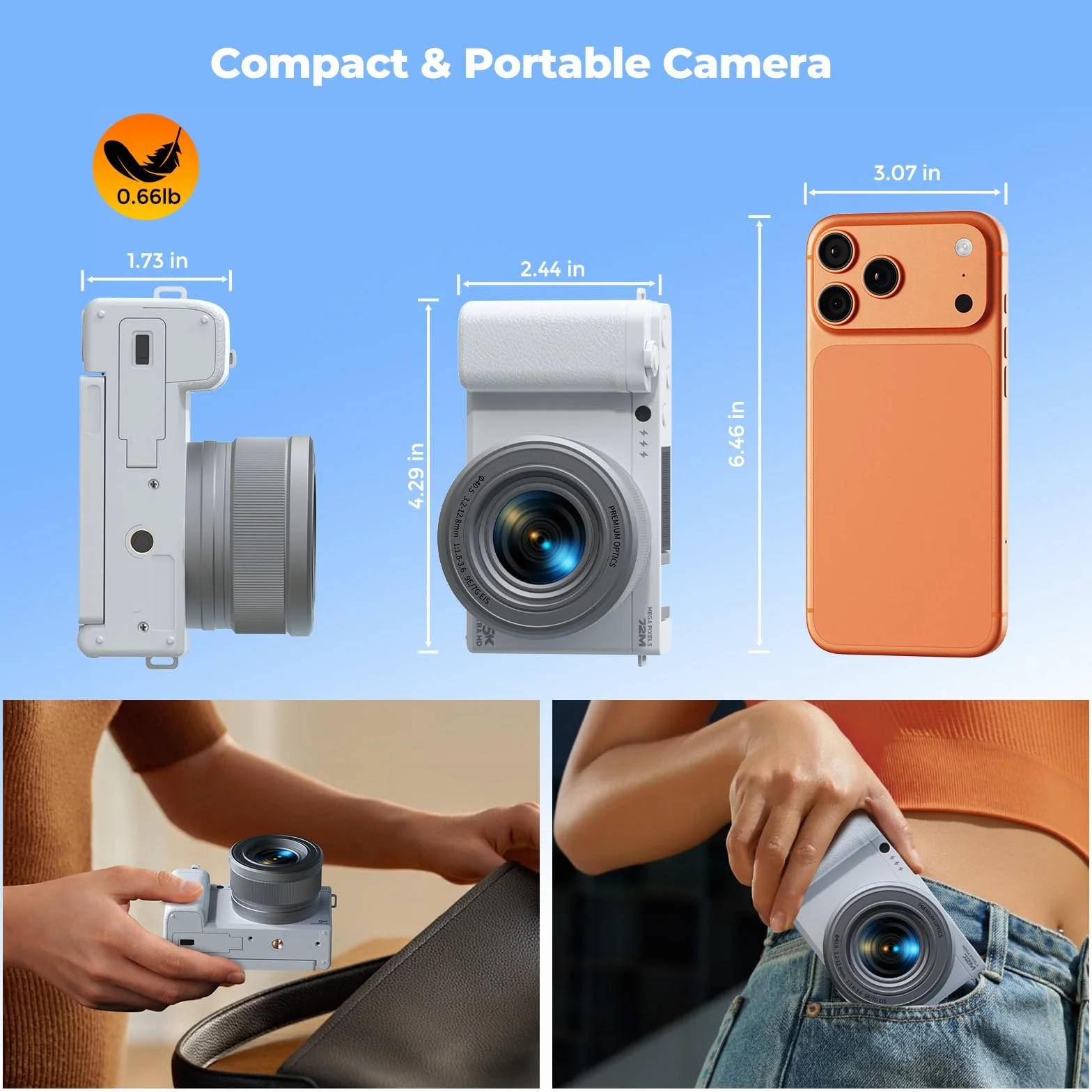 Fotocamera Digitale 5K 72MP Compatta, Zoom Ottico 6X, Schermo Orientabile 180° da 2,8 Pollici, Anti Oscillazione, Autofocus, Scheda 64GB e 2 Batterie, Ideale per Vlog e Viaggi