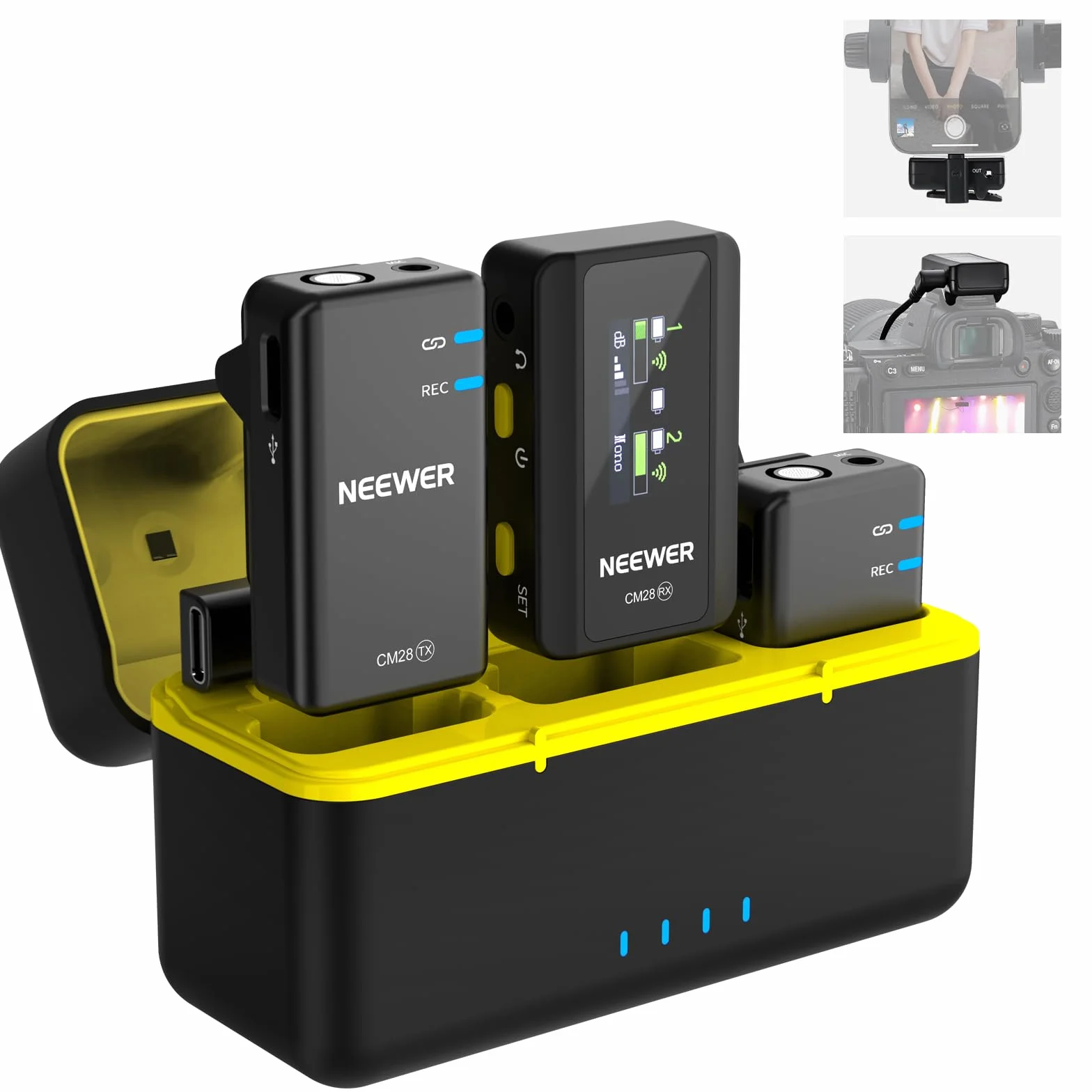NEEWER CM28 Microfono Lavalier Wireless con Anti Rumore Smart, Registrazione Non Compressa a 48kHz/16bit per 9h, Portata 200m, Memoria 4GB per iPhone Android Fotocamera,1 RX+ 2 TX + Custodia Ricarica