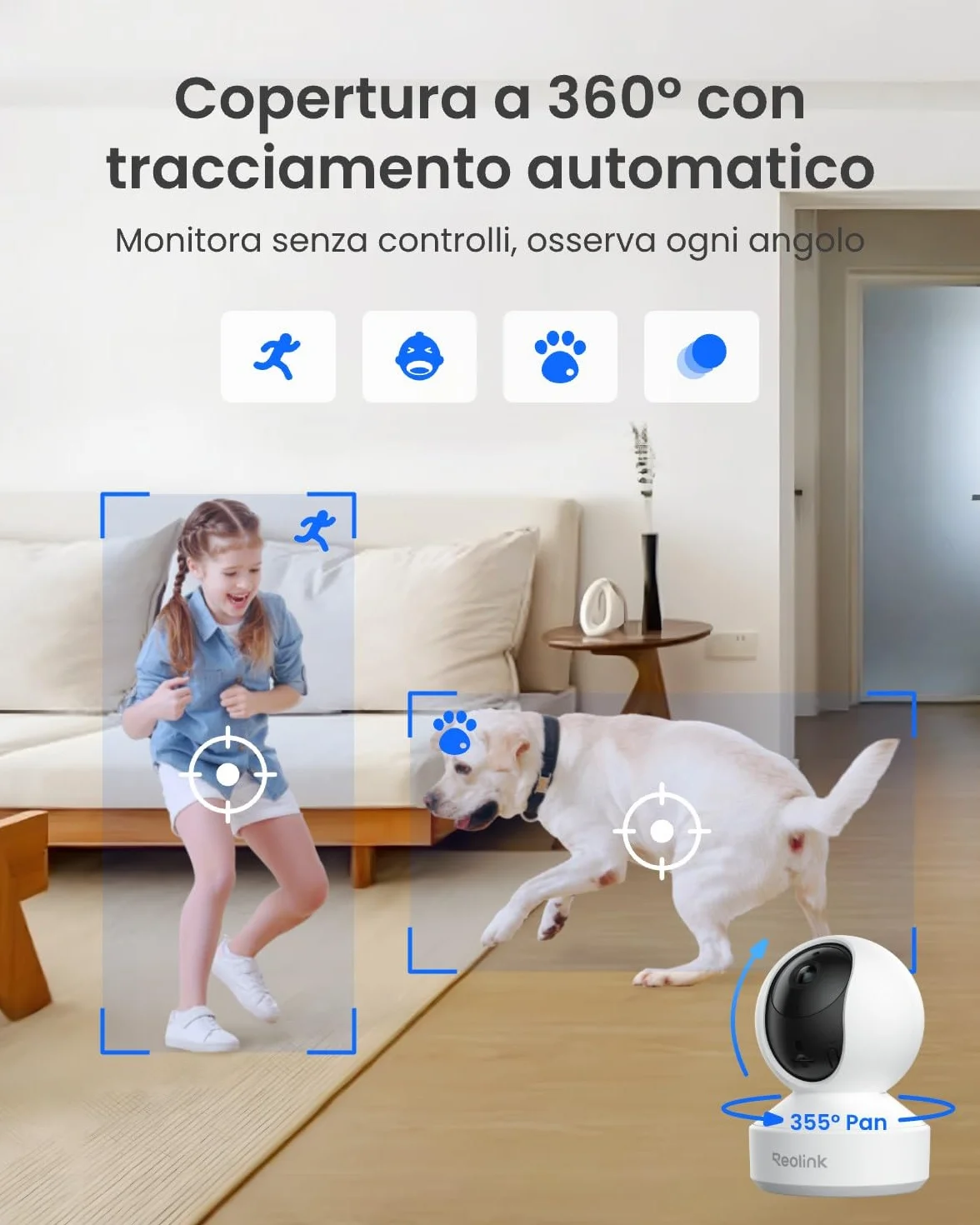 Reolink 5MP Telecamera WiFi Interno, Wi-Fi a Doppia Banda 2.4/5 GHz, Apertura F1.6, Rilevamento Uomo/Animale/Pianto, Copertura a 360°, Inseguimento Automatico, Supporta Alexa, Modalità Privacy, E1 Pro