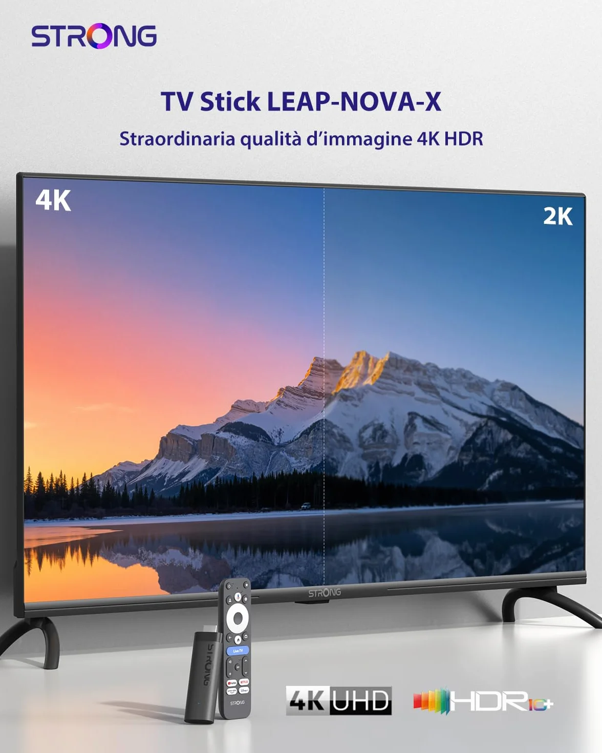 STRONG LEAP-NOVA-X TV Stick 4K UHD, Android 14, 32GB Memoria, Dolby Vision/Audio, Wi-Fi 6, HDR10+, Controllo Vocale, Chromecast Integrato, Streaming Oltre 5000 App