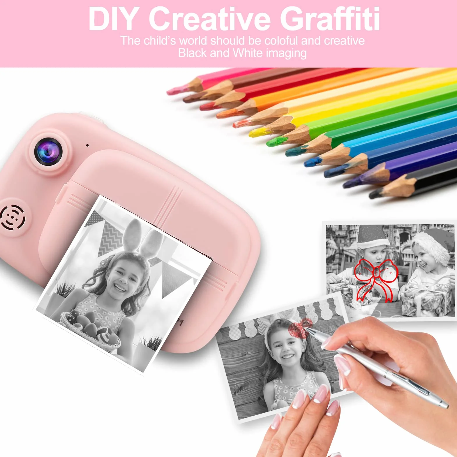 GlobalCrown Macchina Fotografica bambini Istantanea,Fotocamera Istantanea per bambini Video Fotocamera digitale 3,5 Pollici Schermo regali per 3-12 anni (incluso 4 rotoli carta di stampa e 32GB Card)