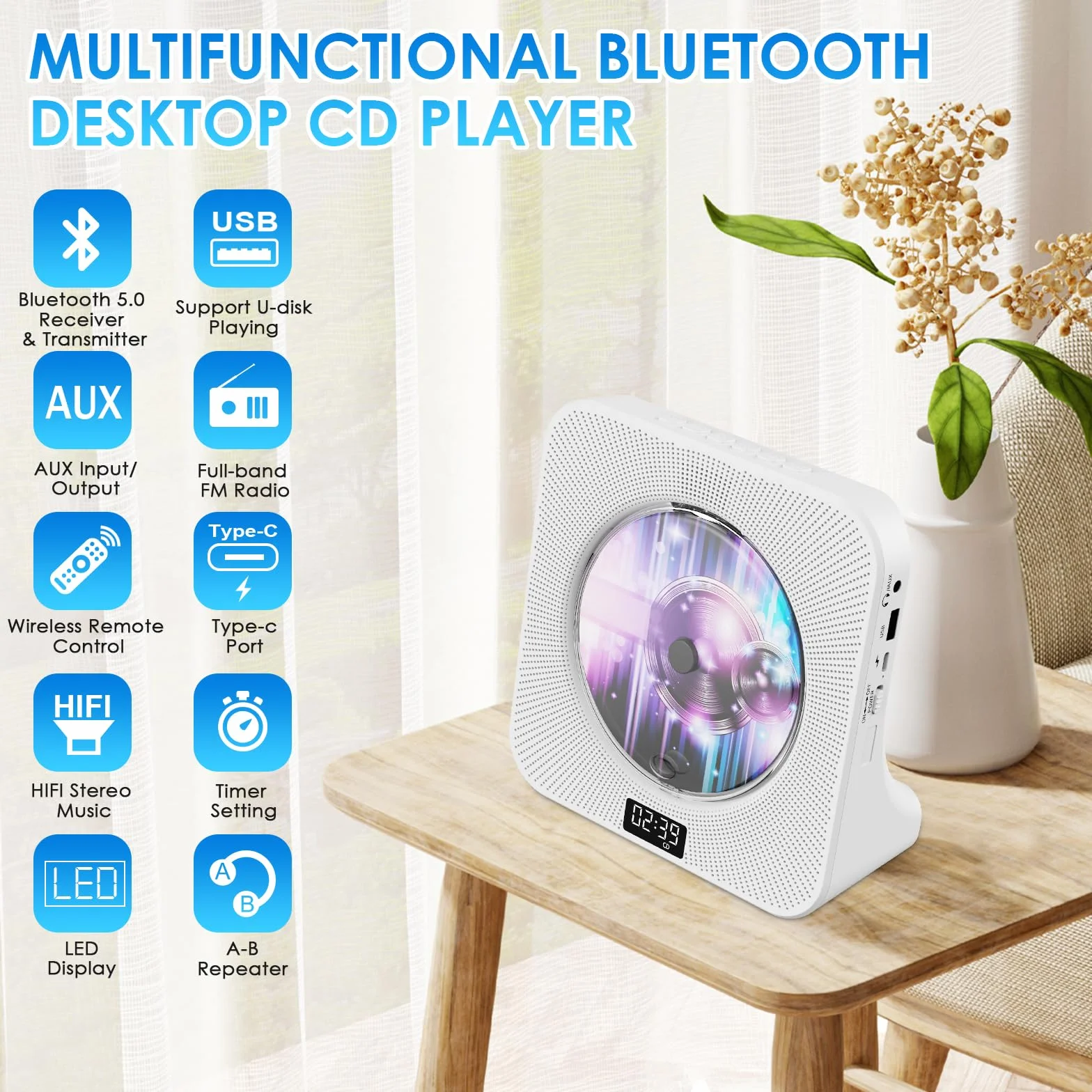 Gueray Lettore CD Desktop Bluetooth Con Altoparlanti Per La Casa - Portatile Con AUX USB Cuffia Jack FM Radio HiFi - Boombox Con Telecomando Display LCD Per Bambini Regalo