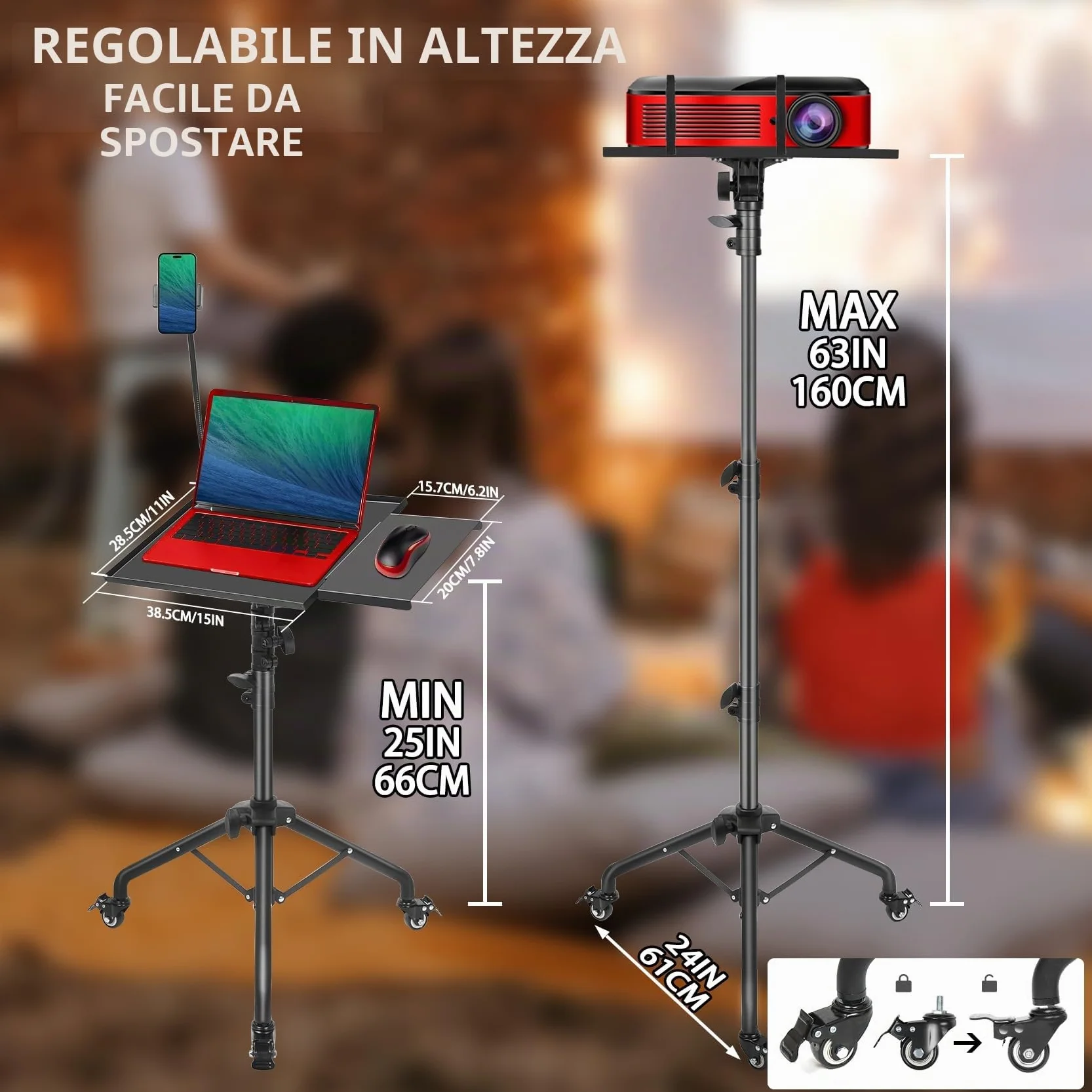 GlobalCrown Supporto Proiettore da Terra Regolabile in altezza (66-160 cm),Treppiede per Proiettore portatile Laptop con Vassoio per mouse e supporto per Telefono,Treppiede rotante con ruote