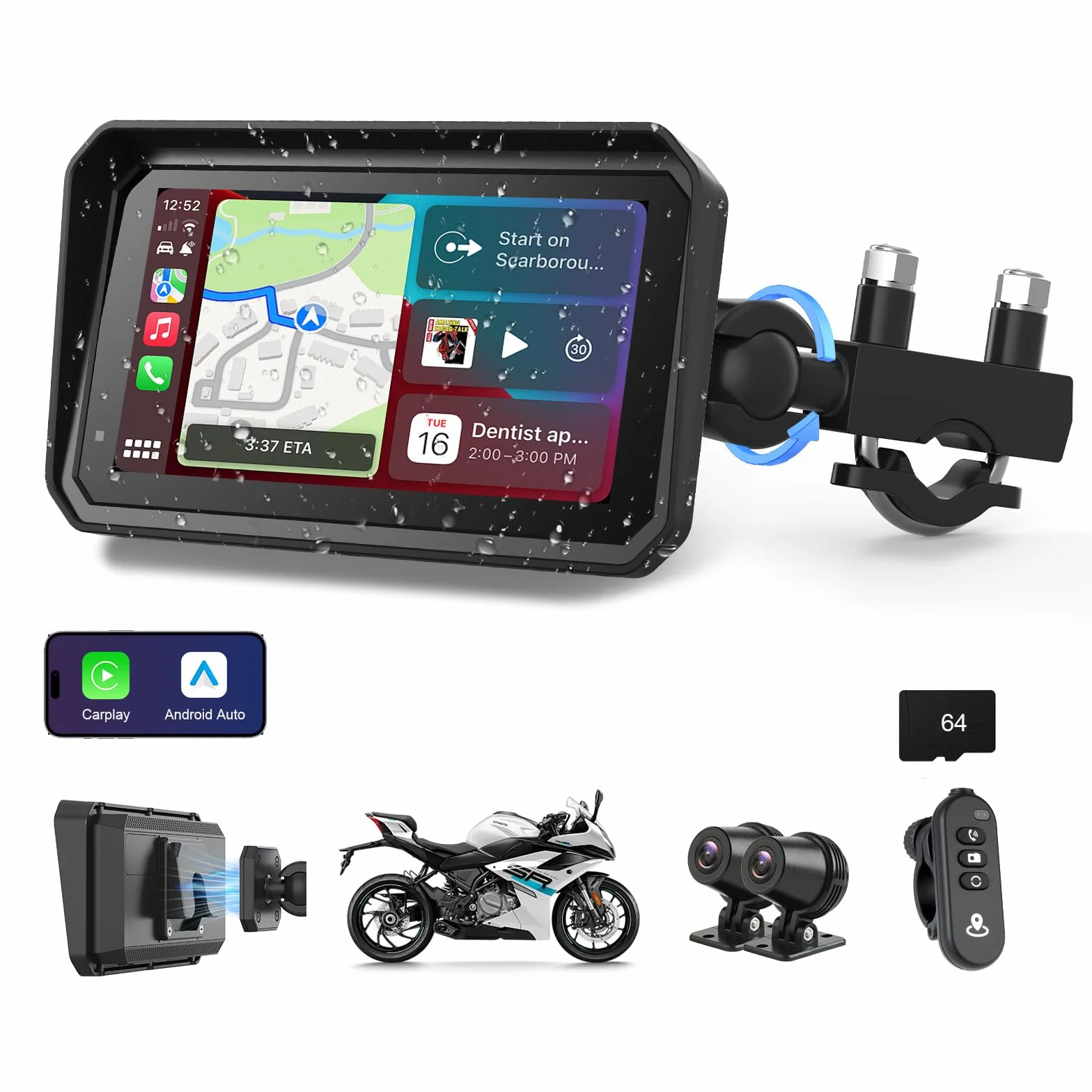 Navigatore Moto 4K Carplay Android Auto 6,25 Pollici Dashcam GPS Bluetooth 64GB