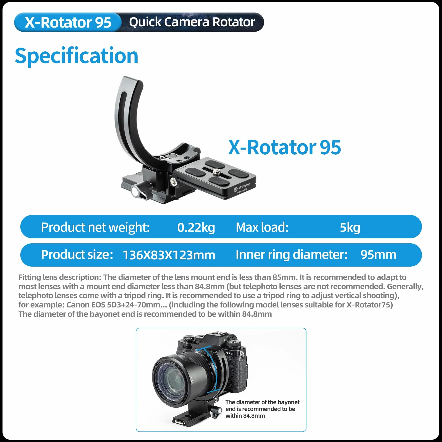 Fotopro Supporto verticale per fotocamera, anello per obiettivo ad treppiede, piastra girevole 1/4, adatta a Sony, Nikon, Canon, Fuji, Arca-Type