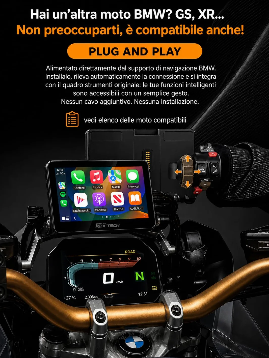 Kraft 5 - Schermo Carplay per moto BMW RT/K16, CarPlay e Android Auto, Plug & Play