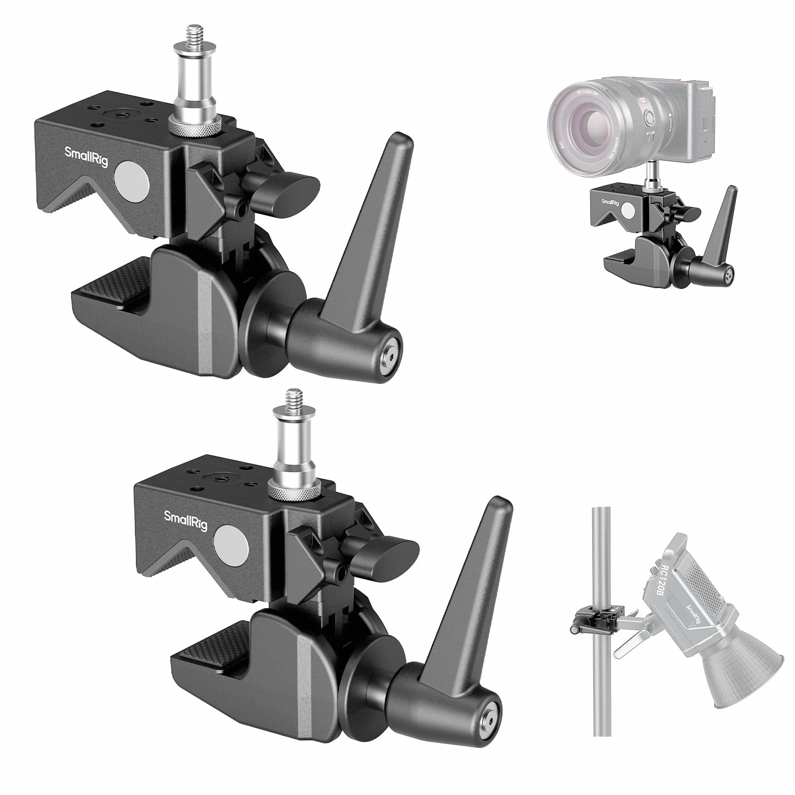 SMALLRIG Super Clamp Kit da 2 pezzi, ad alte prestazioni, carico massimo 33lb/15kg, con una vite superiore da 1/4"-20 e 3/8"-16, per illuminazione fotografica, per tubi rotondi e superfici piane