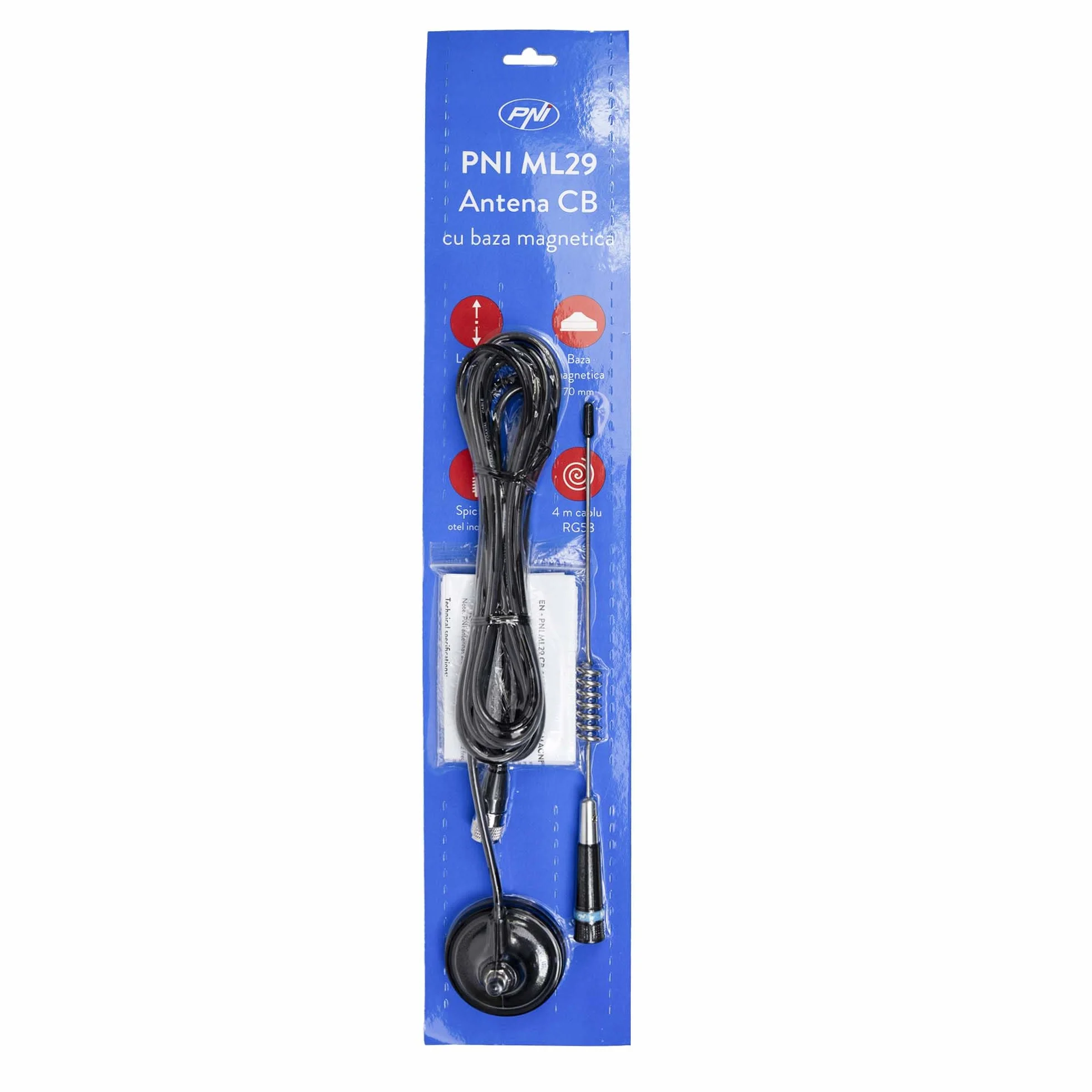 Antenna CB PNI ML29, lunghezza 29 cm, con magnete incluso diametro 70 mm e cavo RG58