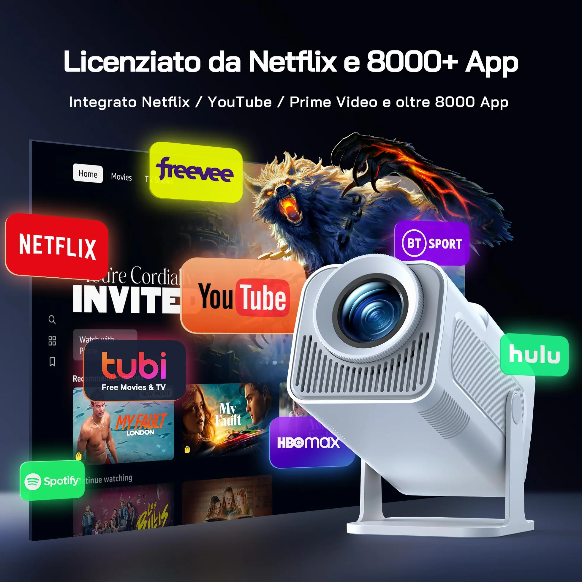 WOLFANG 4K Mini Proiettore【App Integrata/Netflix Ufficiale】, 26000 Lumen Proiettore Portatile con WiFi 6, 50% Zoom, Ruotabile 180° Videoproiettore per Home Theater/TV Stick/iOS/Android/PC/PS5/HDMI/AV