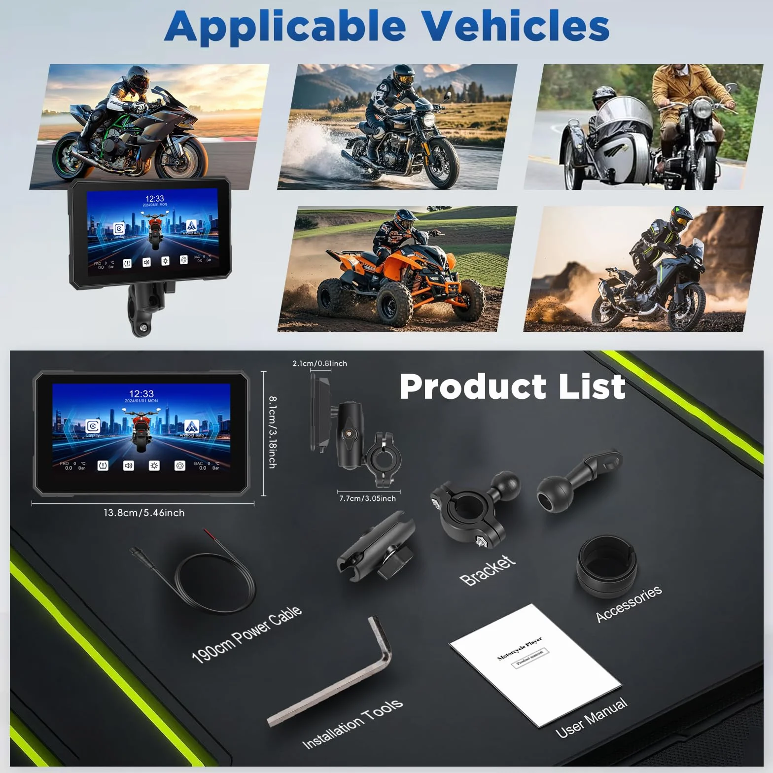 5 Pollici Navigatore Moto con Wireless CarPlay e Android Auto, Impermeabile IP67, Monitoraggio Della Pressione Dei Pneumatici, Navigazione GPS e Controllo Vocale - per Tutte le Motociclette