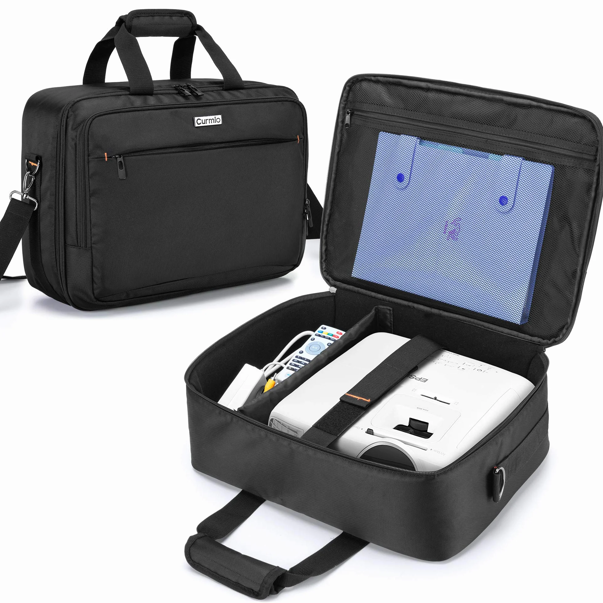 CURMIO Custodia per proiettore con scomparto per laptop, borsa da trasporto compatibile con la maggior parte dei proiettori principali, colore nero (design brevettato)