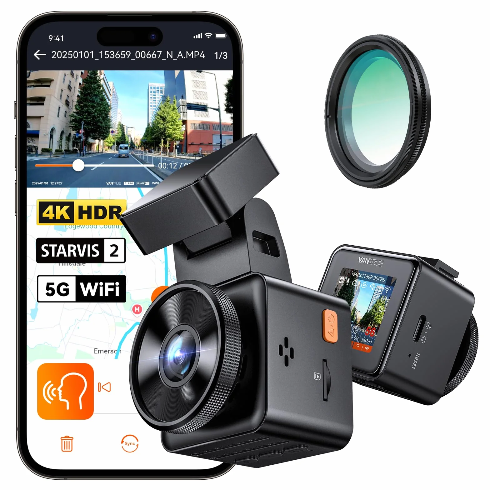 VANTRUE 4K HDR Dash Cam Auto E1 Pro 2160P Mini Dashcam, 5GHz WiFi GPS, STARVIS 2, CPL, Comandi Vocali e APP, Parcheggio 24/7 Telecamera auto, Visione Notturna 2.0, LTE Remoto Opzionale, 1.54”, Max 1TB