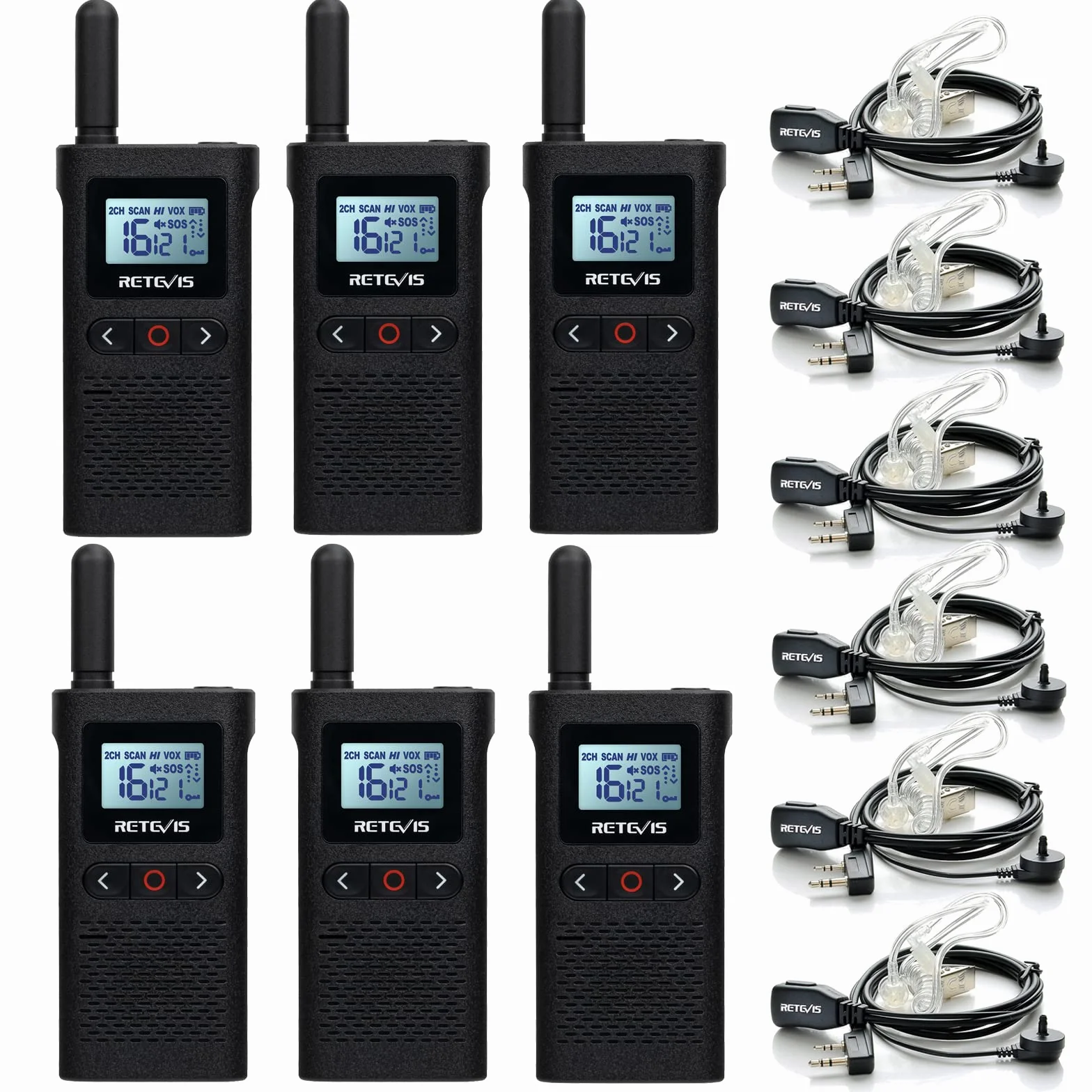 Retevis RB628 Walkie Talkie con Auricolare, Radio Ricetrasmittenti Ricaricabile, 16 Canali Licenza-libera PMR446, 1500 mAh, Schermo LCD VOX, Walkie Talkie a Lungo Raggio per Scuola (6 Pezzi, Nero)