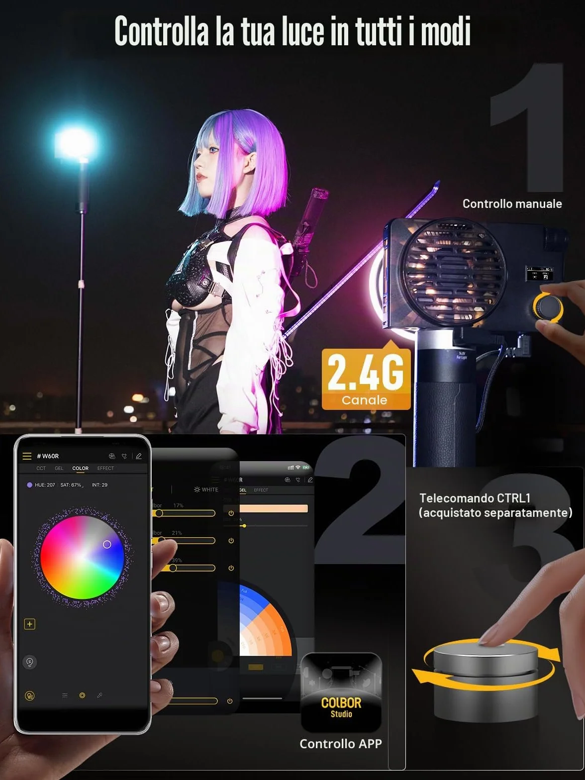 COLBOR Wonder W60R 60W RGB Luce Video Portatile 345g Illuminazione Continua Controllo APP con DC/Tipo C per Interni ed Esterni Filming Interviste Live Streaming, Luce-Video-Fotografia-LED-RGB