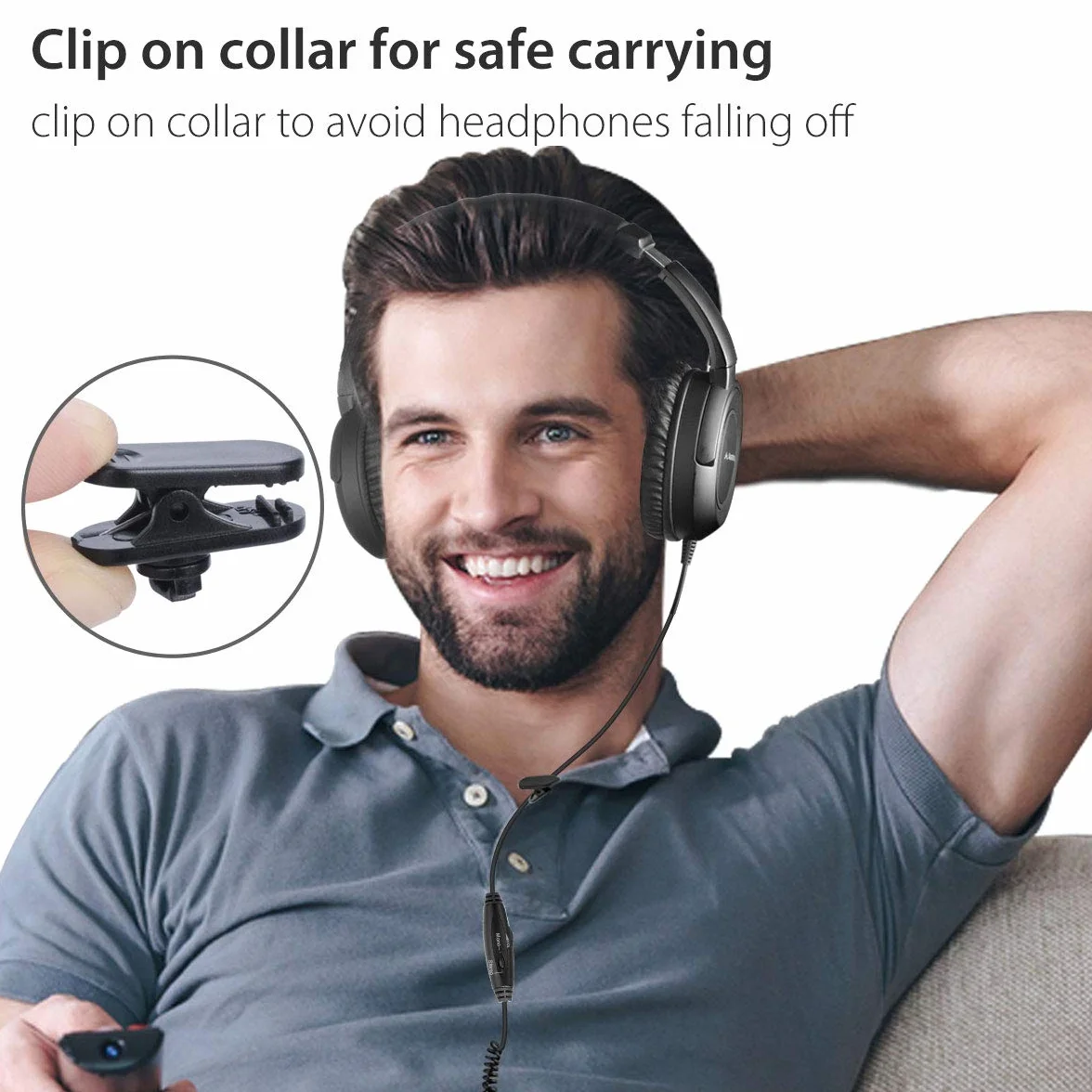 Avantree HF039 Cuffie Con cavo a spirale extra lungo per TV, 5 Metri, Cuffie Over-ear, uscita audio 3.5mm, cuffie audio stereo con controllo del volume sul filo