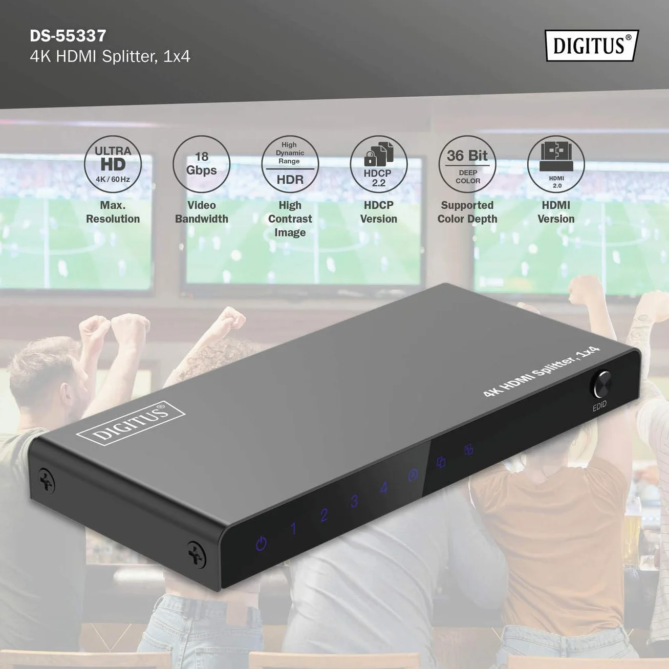 Digitus DS-55337 Splitter HDMI 1x4 4K UHD 60Hz HDCP 2.2 HDR