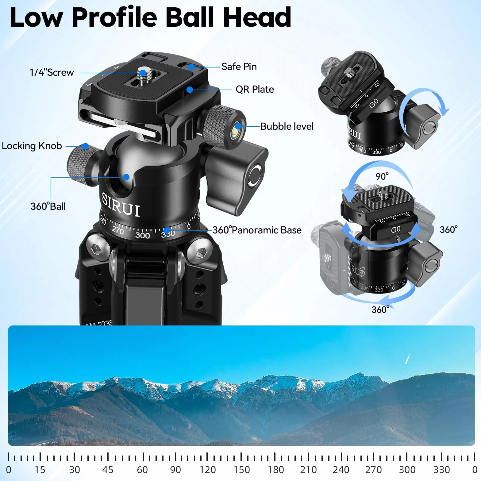 SIRUI AM-223S+G0 Mini treppiede per fotocamera in fibra di carbonio - ultraleggero 0,8 kg, altezza massima 42,4 cm, treppiede da tavolo con testa a sfera panoramica a 360°, supporto resistente fino a