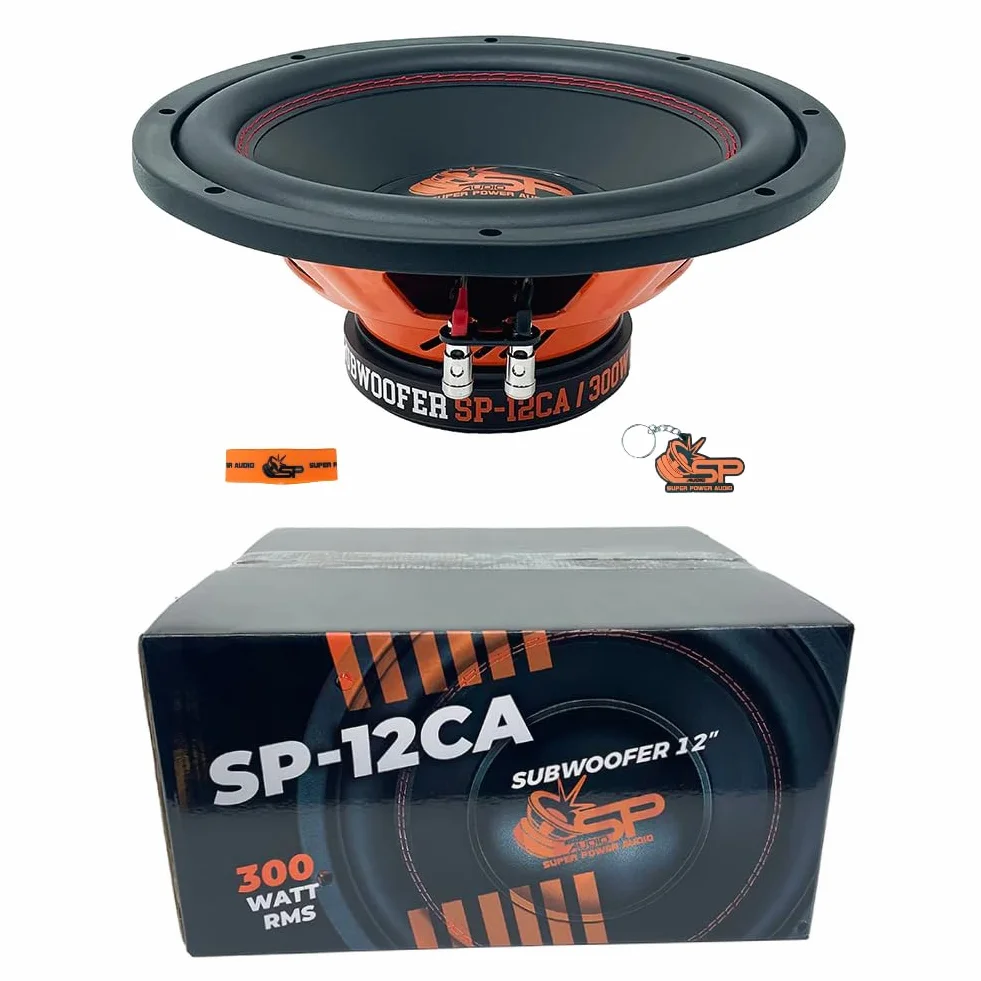 KIT SET PER SP AUDIO SP-12CA, 1 subwoofer da 30 cm 300 mm 12" di diametro, 300 watt rms 600 watt max, 4 ohm, 92,1 db spl, singola bobina, per auto, 1 pezzo + accessori omaggio