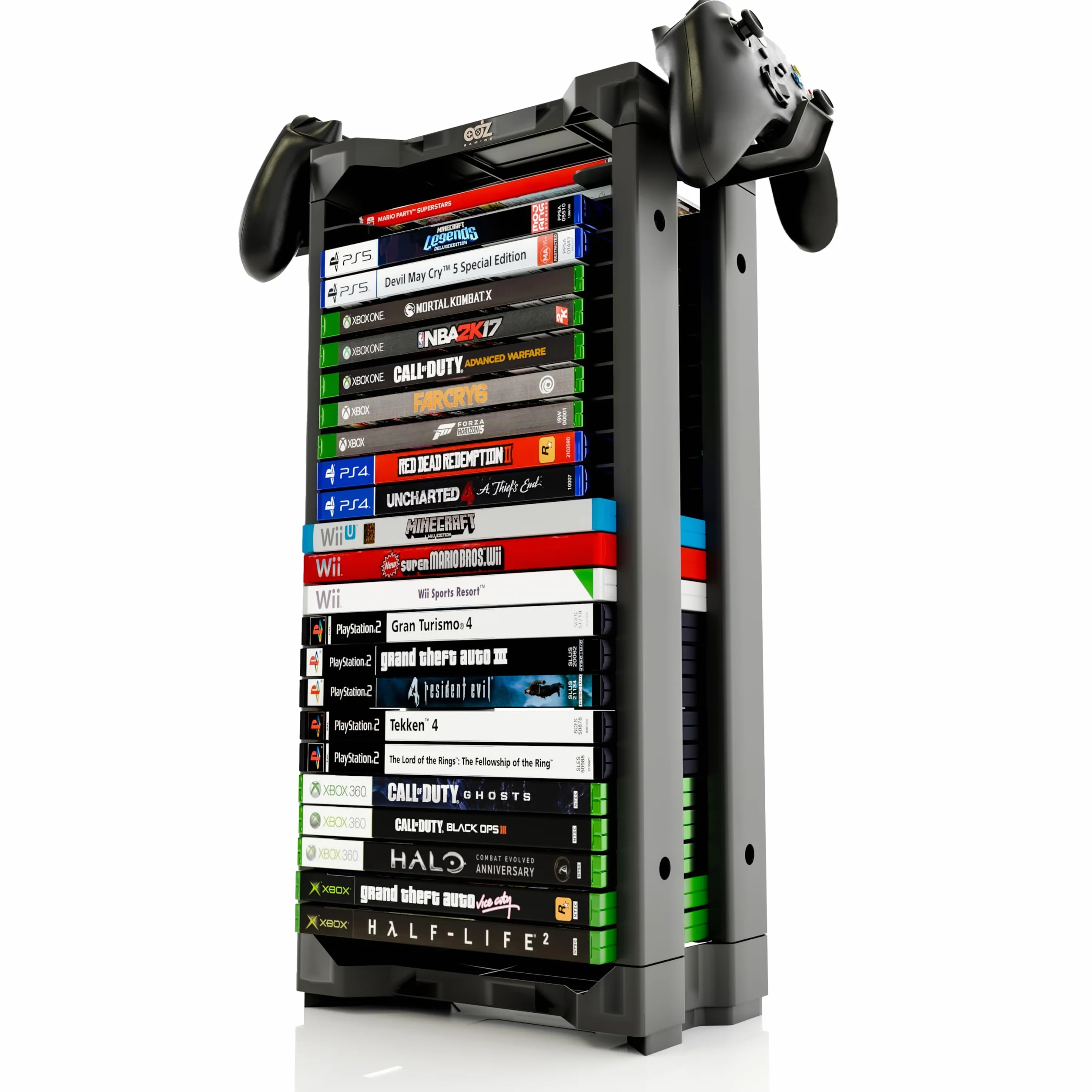 ADZ Universal Game Holder – 23 Ripiani per Archiviazione Giochi per PS2 PS3 PS4 PS5 PSP Xbox 360 Xbox One Series X Wii Switch Giochi DVD e Dischi Blu-Ray. Include 2 Supporti per Controller