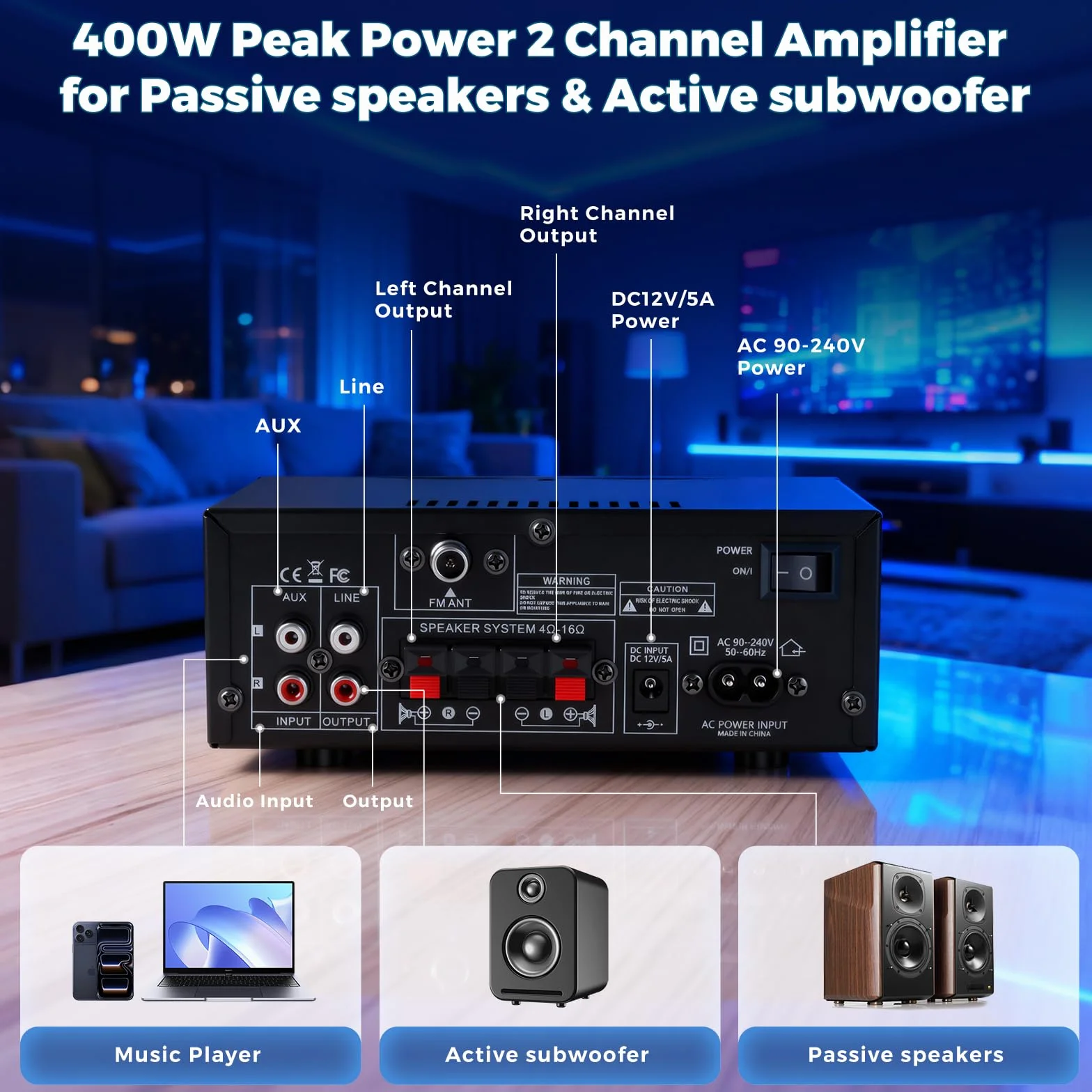 Romicta AK50 Amplificatore Audio Stereo 2.0 Canali 800W Bluetooth 5.0 Radio FM USB SD Echo MIC Telecomando per Casa e Home Theater