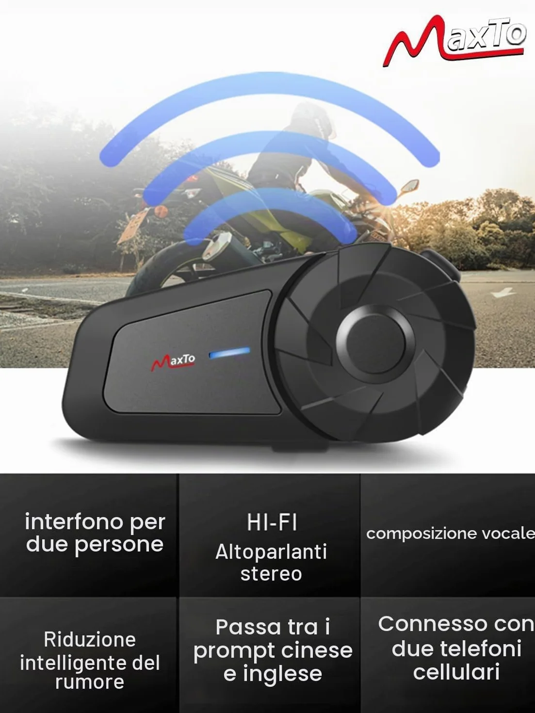 MAXTO Cuffie Bluetooth per moto, interfono a rete, 1000 m 8 piloti, sistema di comunicazione per moto,CVC+DSP cancellazione del rumore, condivisione musica,IP67 impermeabile(2 Pezzi)