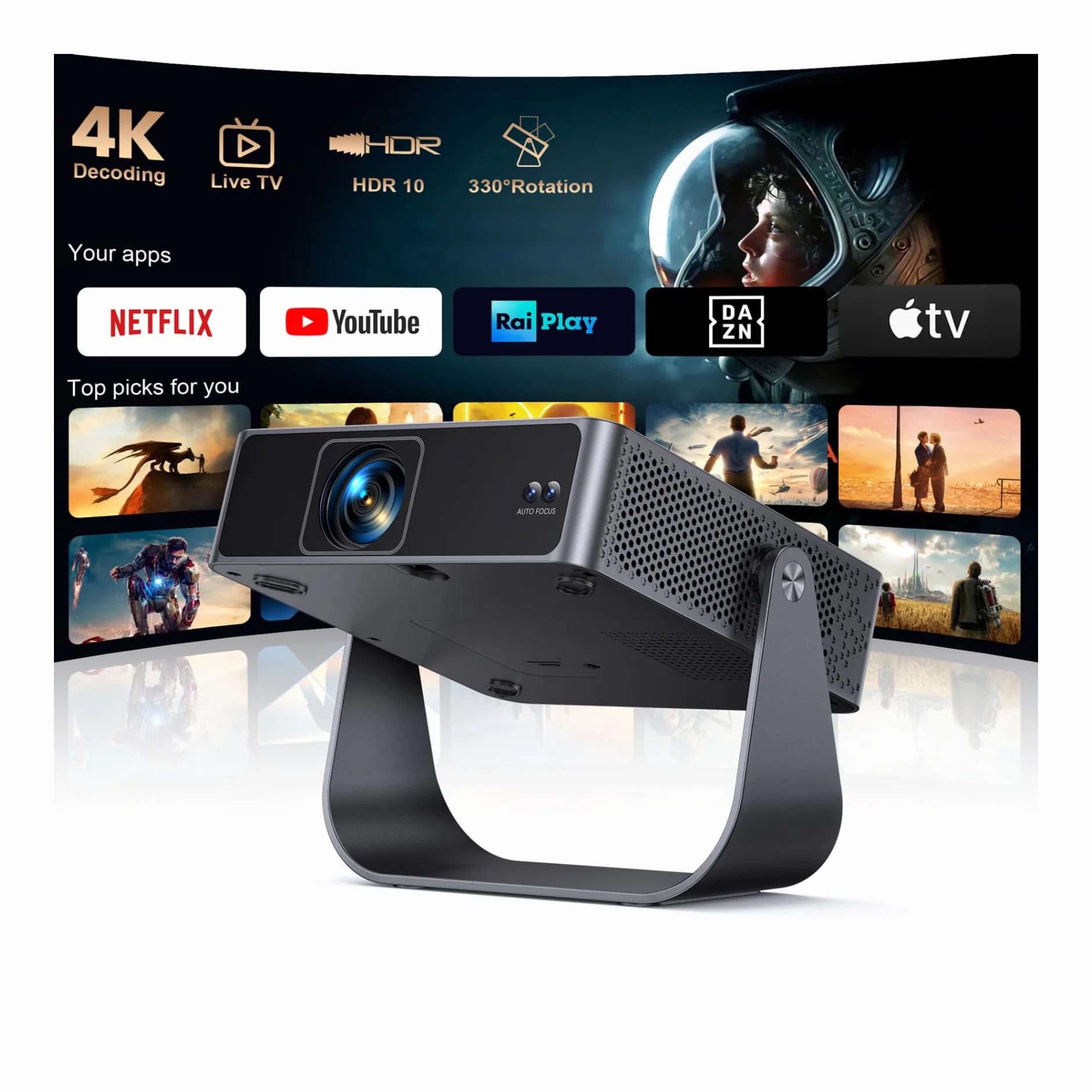 Proiettore Portatile Smart TV 4K 1000+ Canali Live Compatibile Netflix Auto Focus WiFi Bluetooth 1080P Nativo