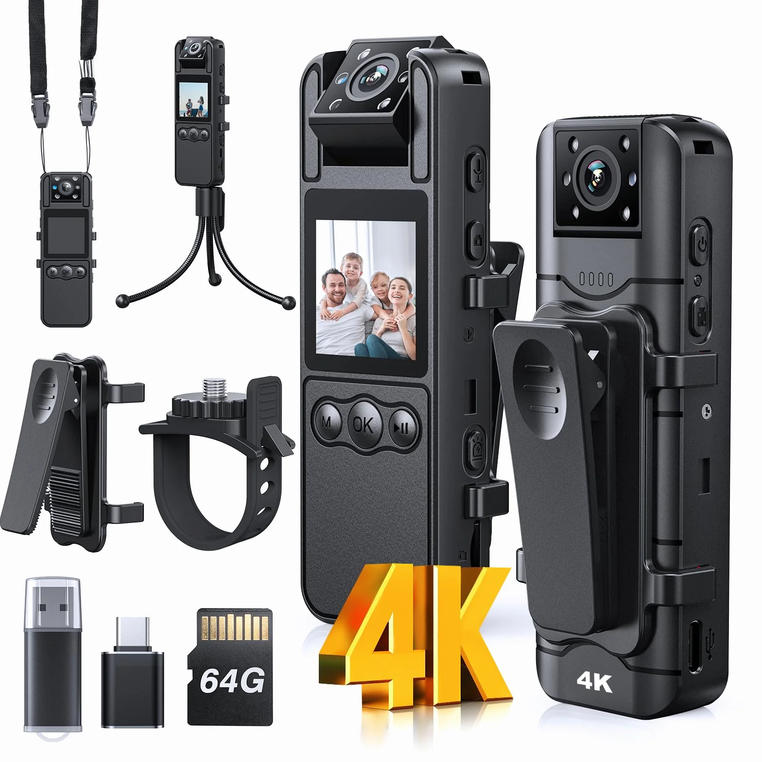 BOBLOV A26 Mini Body Camera 4K 64 GB, obiettivo ruotabile, piccole bodycam con visione notturna, registrazione video 6 ore, personale, Fotocamera
