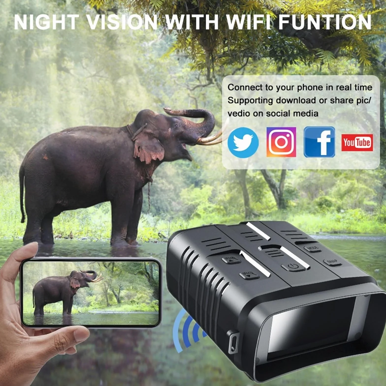 Visore Notturno, Ponbos NV009 4K UHD 800M a infrarossi Visione Notturna binoculare 42MP Zoom 10X telescopio Digitale Ricaricabile for Caccia Campeggio(with 64G TF Card)