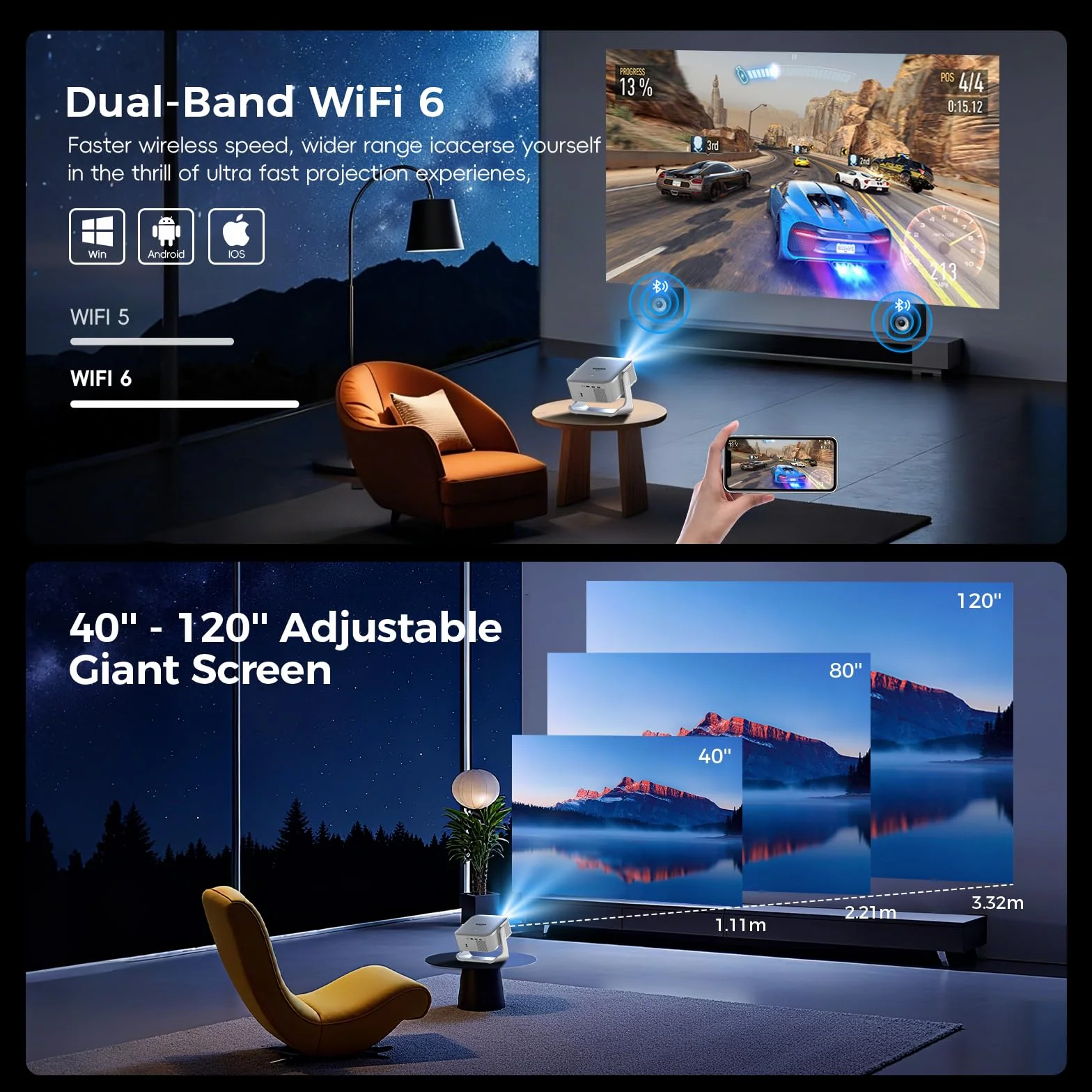 Proiettore 4K WiFi 6 Bluetooth 5.4 Smart TV OS HDR10+ 3D Suono 1080P Native Auto Focus Keystone Bianco