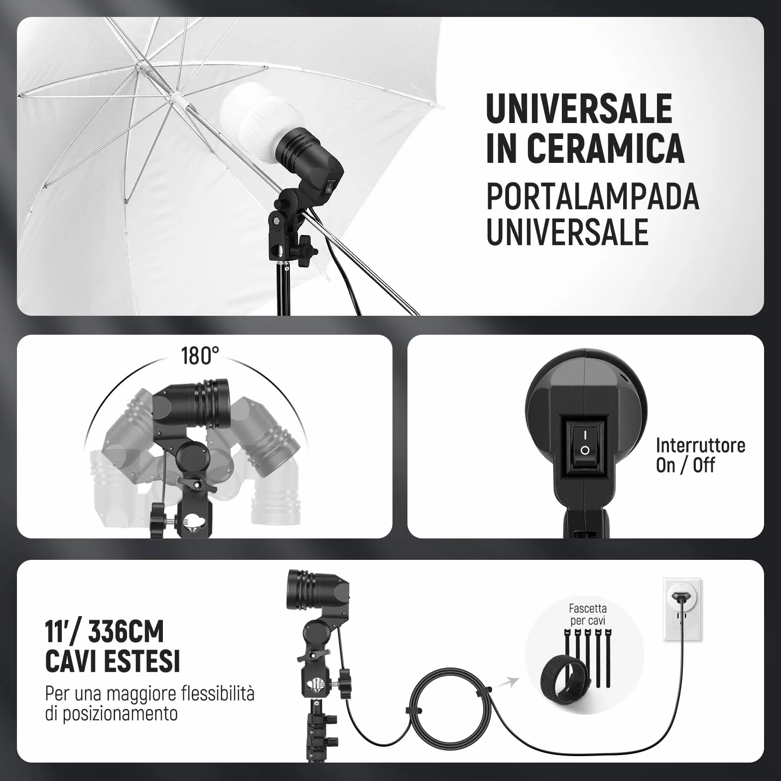 NEEWER Kit di Illuminazione Fotografica 600W,Equivalente a Incandescenza con 2 Ombrello Bianco,2 Ombrello Nero, 3 Lampadina LED da 24W,3 Stativo per Luce, 2Borsa, 5 Fascetta,3 Base per Presa E27,NK500