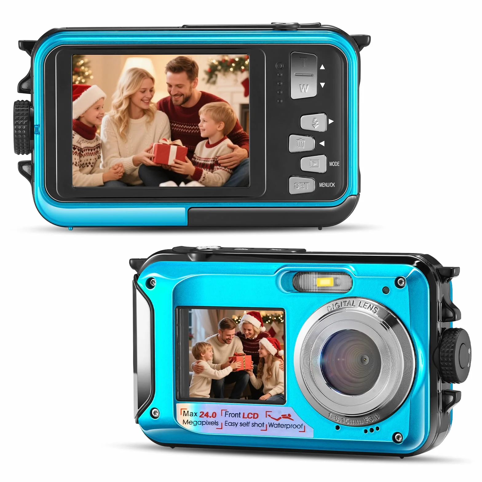 Fotocamera subacquea, Full HD 2.7K 24MP fotocamera digitale impermeabile, fotocamera compatta impermeabile 10FT, zoom digitale 16X, autofocus, fotocamera anti-shake per bambini, adolescenti