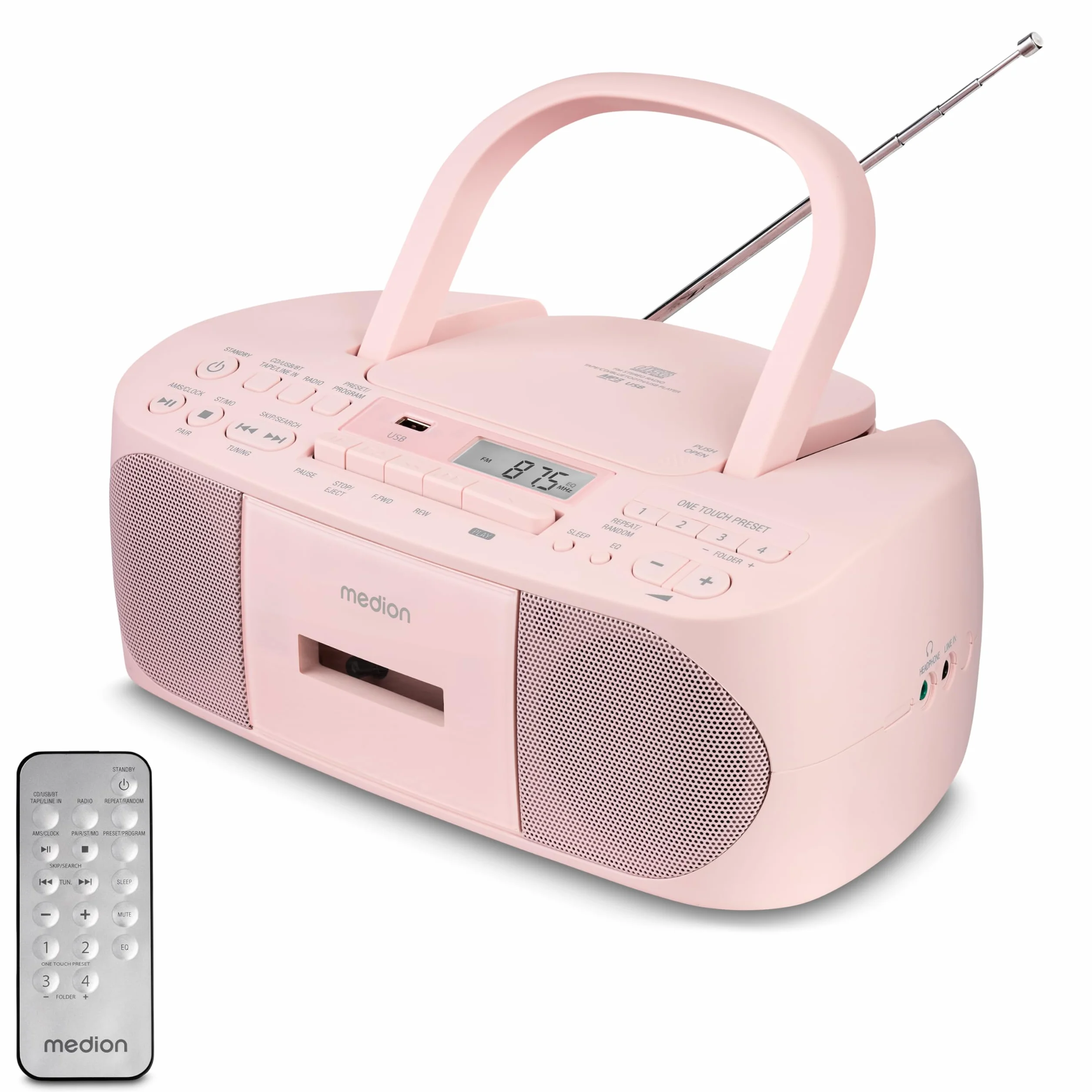 MEDION E65010 Radio Stereo (Lettore CD, Cassette, connessione USB, Ingresso Audio AUX, Riproduzione MP3. Radio FM PLL, Memoria 40 stazioni, Funzionamento a Batteria, Telecomando) Rosa