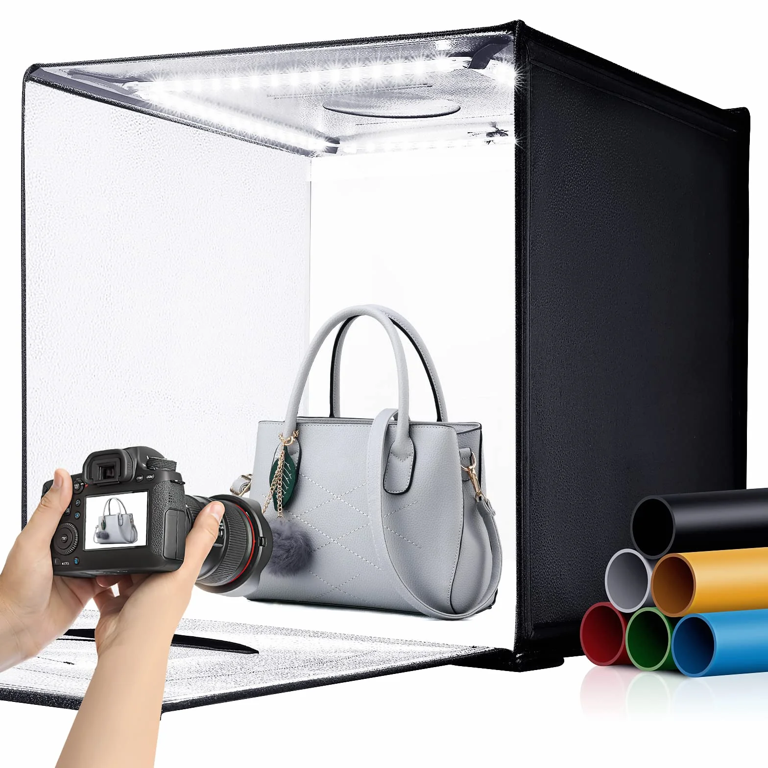 Scatola luminosa per studio fotografico, 61 x 61 cm, pieghevole, bicolore, dimmerabile, kit tenda da tiro con 240 luci LED, cabina di illuminazione 3000-5500K, fondali in 6 colori