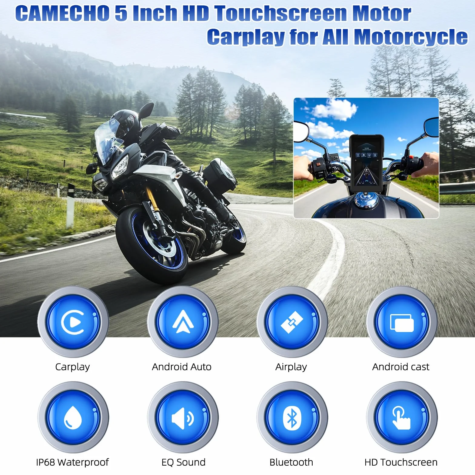 CAMECHO 5 Pollici Carplay Schermo Moto Wireless Carplay Android Auto IP68 Navigazione Impermeabile Touchscreen Bluetooth 12V