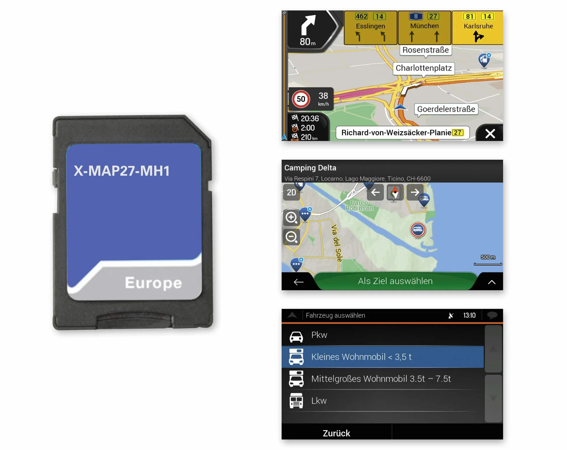 X-MAP27-MH1: Scheda Micro SD con Navigazione Mobile per Infotainer X-F270, Mappe per Europa, Pacchetto P.O.I. Camping