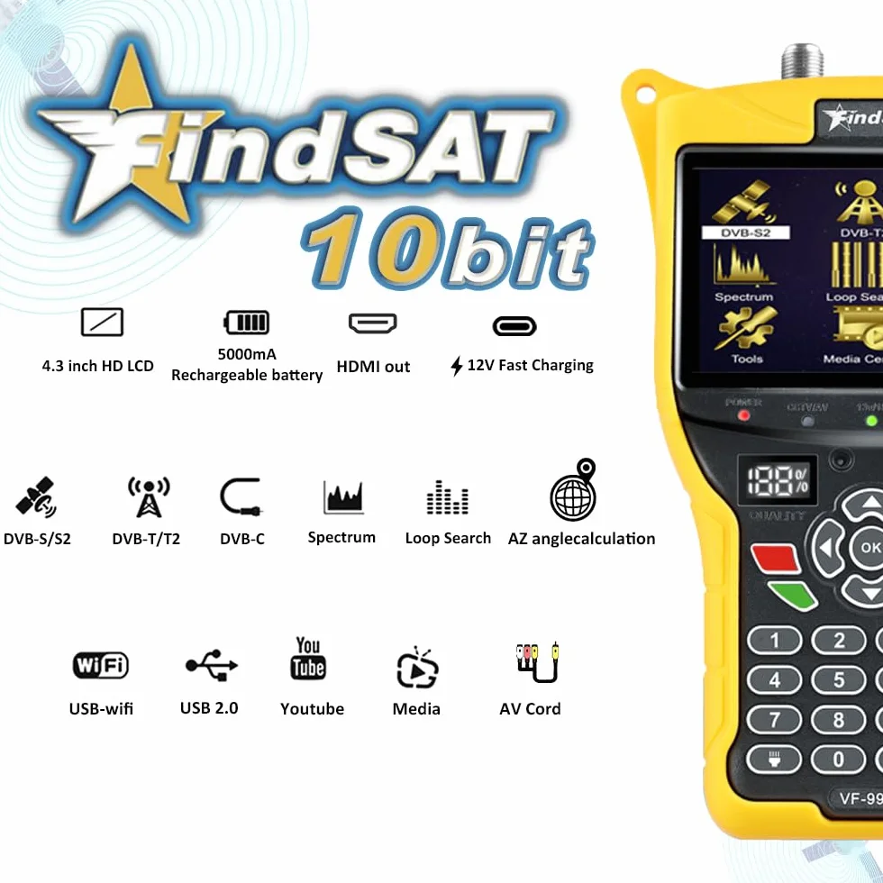 VF9930 Max Misuratore Di Campo HD(10bit) Combinato DVB-S2/S/S2X/T2/T/C, Misuratore Segnale Digitale Terrestre HD Con Spettro/Scr/Dcss, Satfinder Rilevatori Di Satellite H.264/265/HEVC